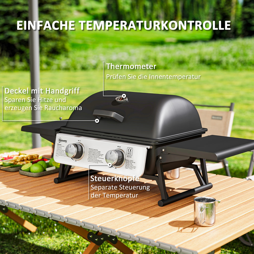 Outsunny Gasbarbecue 5,6 KW met 2 Roestvrijstalen Branders en Zijtafels, Drukregelaar 101 x 48 x 41 cm Zwart
