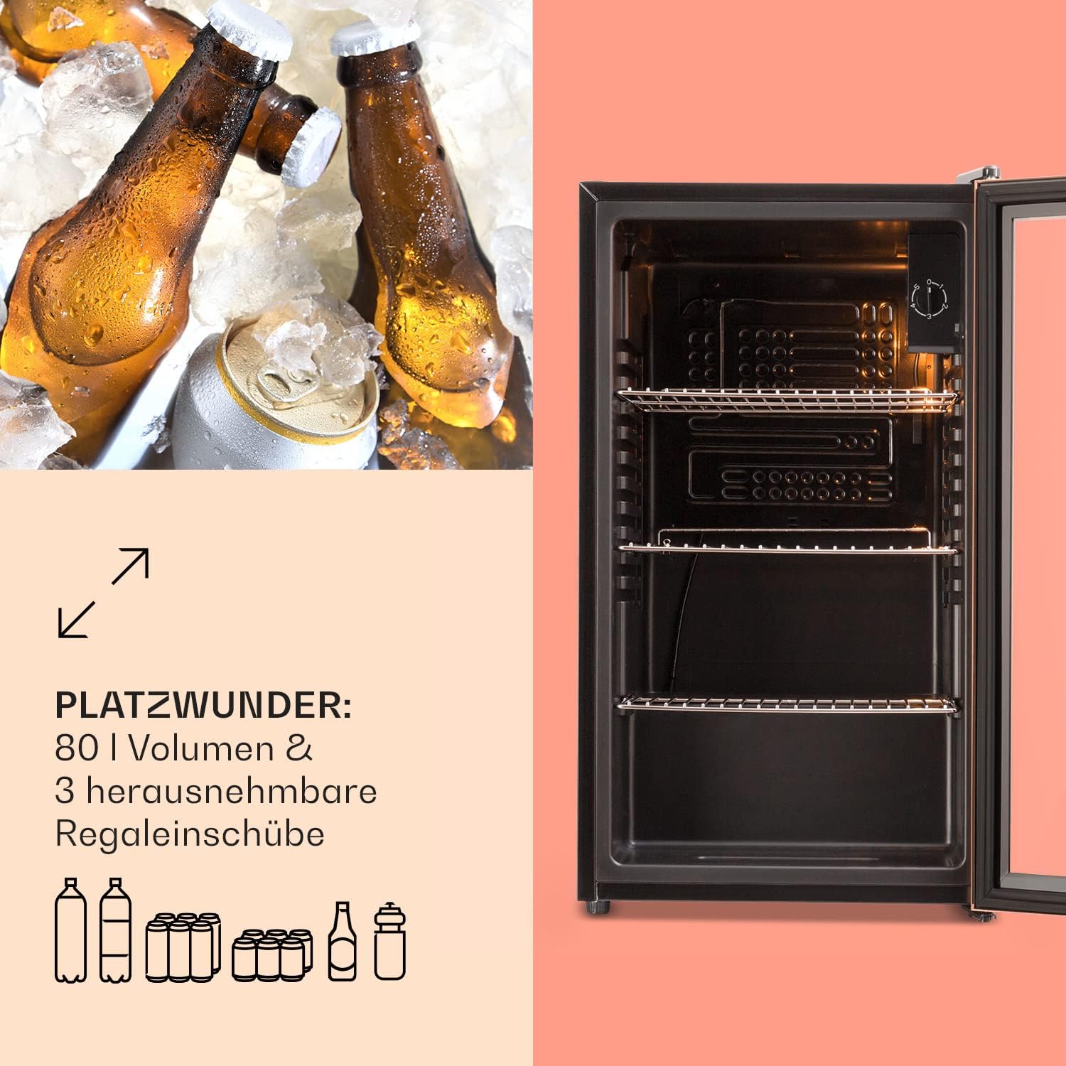 Klarstein Mini Koelkast met Glazen Deur voor Kamer, Drankenkoelkast met Verstelbare Planken, Klein 80 Liter, Indoor/Outdoor Koelkast Stil