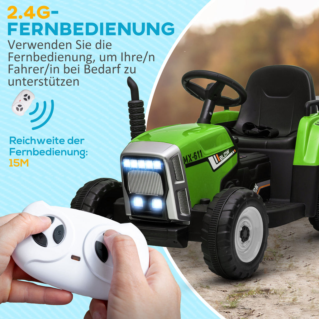 HOMCOM Elektrische kinderauto, kindertractor, inclusief ouderlijke afstandsbediening, maximale snelheid van 6 km/u, groen + zwart