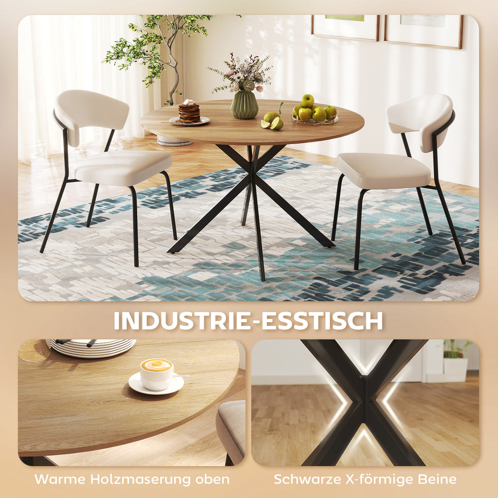 HOMCOM Ronde Eettafel voor 4 Personen, Keukentafel in Industriële Stijl met Stalen Poten, voor Eetkamer, Keuken, Eiken
