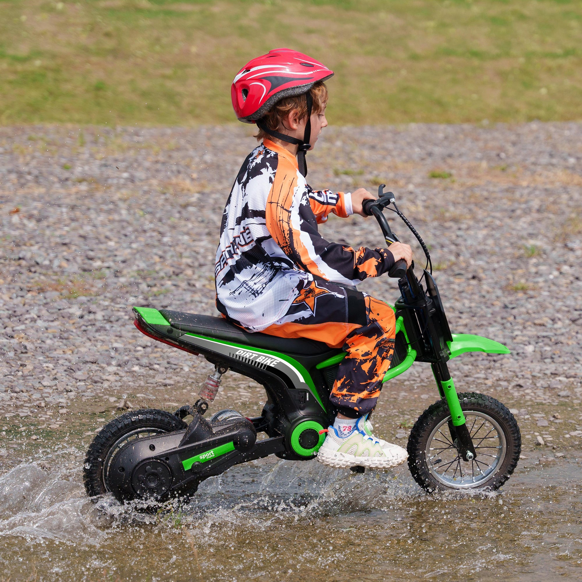 HOMCOM Elektrische Kindermotor, 24V motor, instelbare snelheid, muziek & lichten, Groen