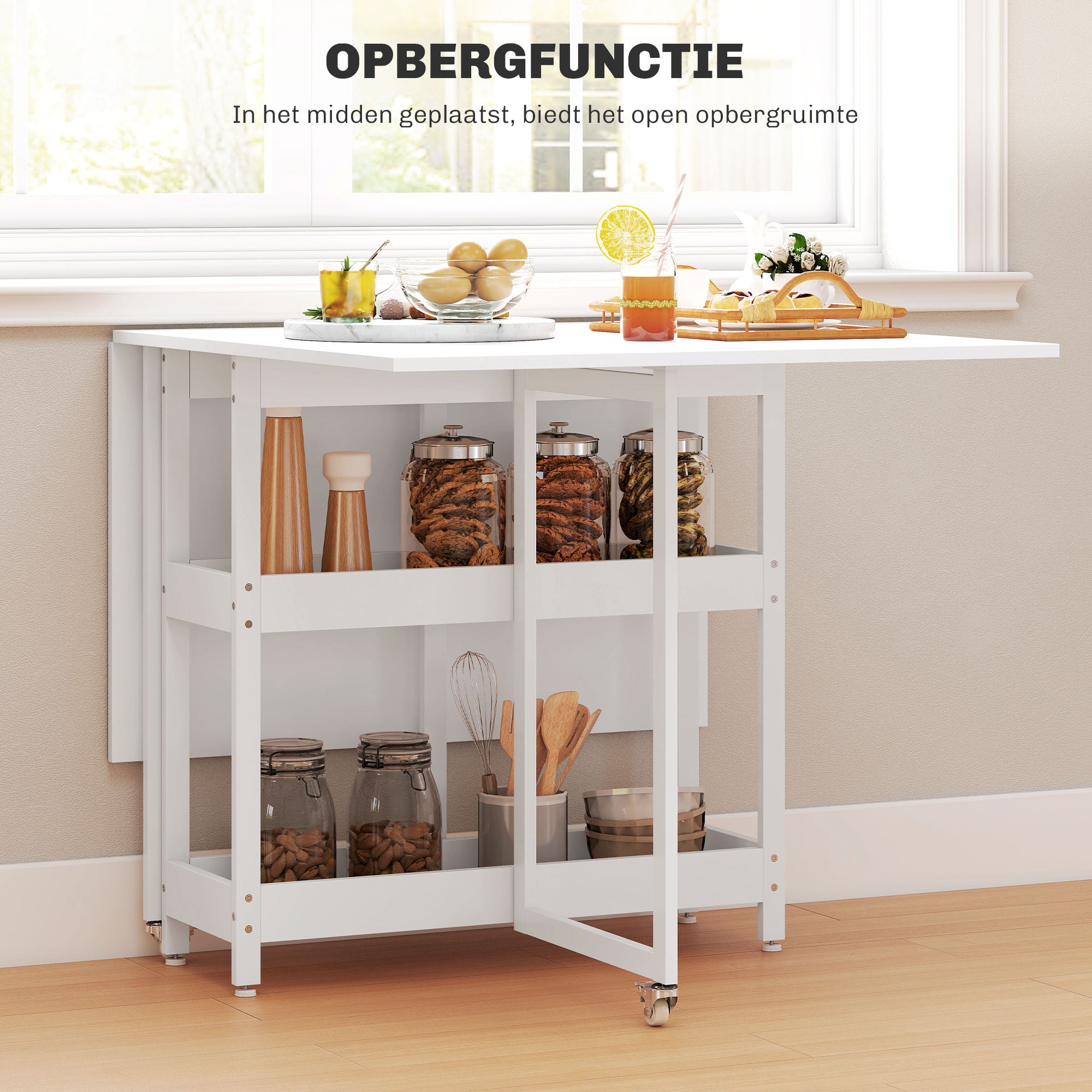 HOMCOM Uitschuifbare Eettafel in Industrieel Ontwerp voor tot 4 Personen, Open Schappen, Flexibel, Metaal, Spaanplaat, Wit
