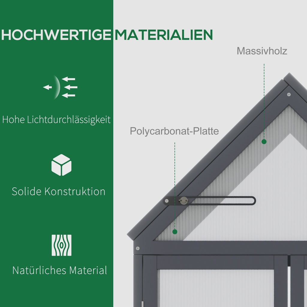 Outsunny kas met 3 planken, massief hout, behuizing van polycarbonaat, grijs, 70,5 x 42 x 132 cm
