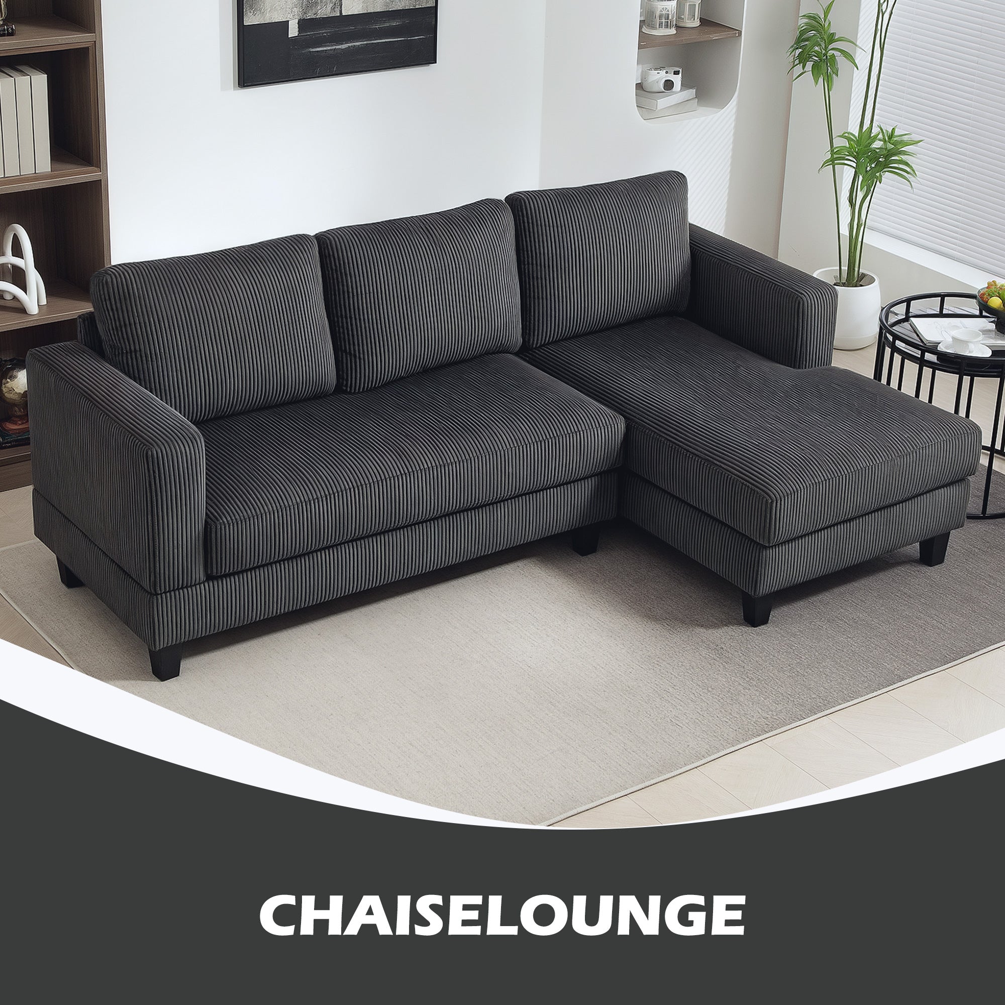 HOMCOM Hoekbank, L-vormige 3-zitsbank met Chaise Longue, Houtconstructie, 8 Poten, Corduroy Stof, Schuimstofbekleding, Grijs