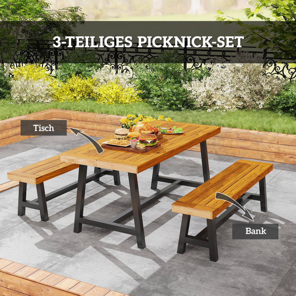 Outsunny Tuinmeubelset 3-delig Hout Eetgroep voor 4 Personen Eettafel met 2 Banken Teak