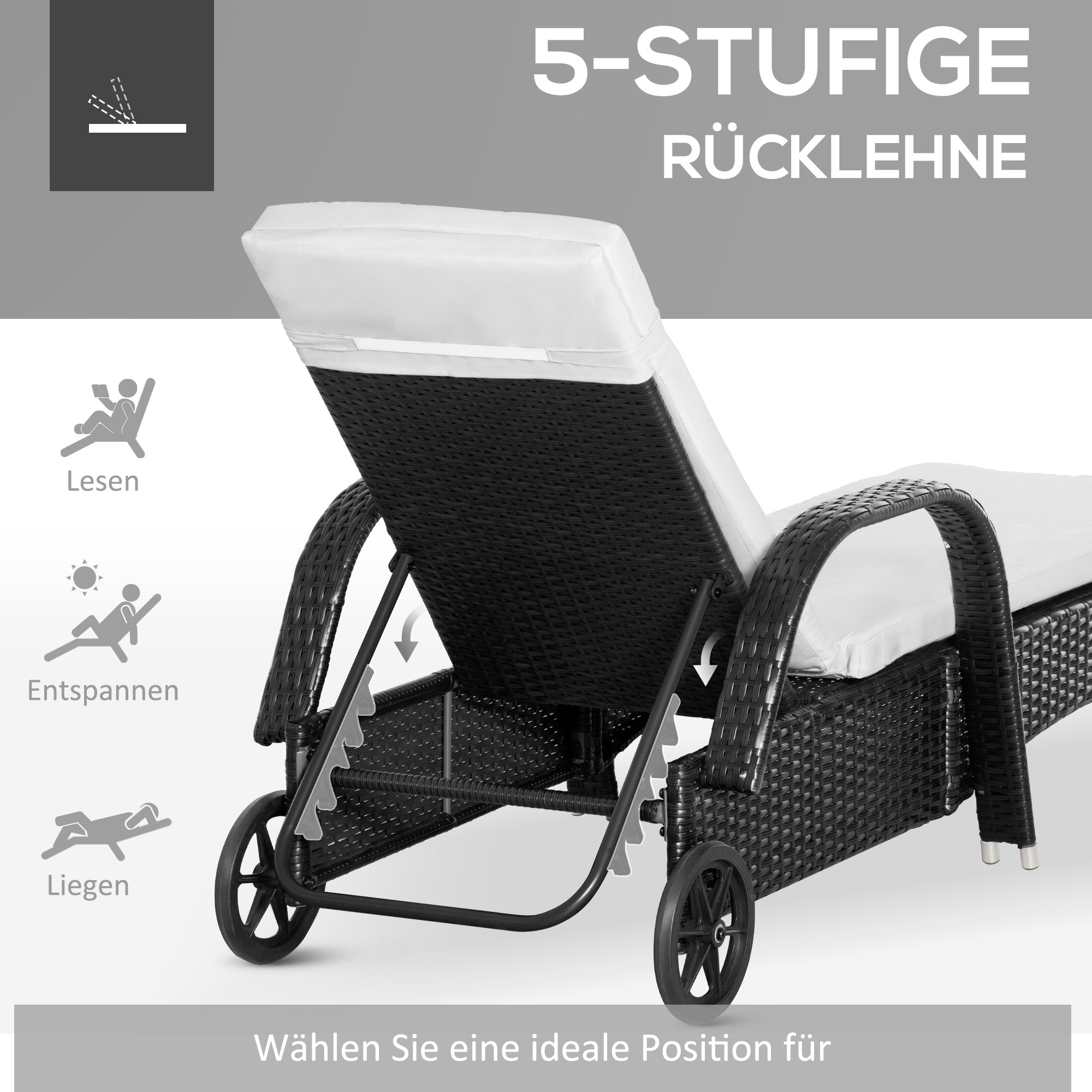 Outsunny® ligstoel tafel set van 3 tuinmeubelen ligbank voor buiten poly-rotan + metaal zwart