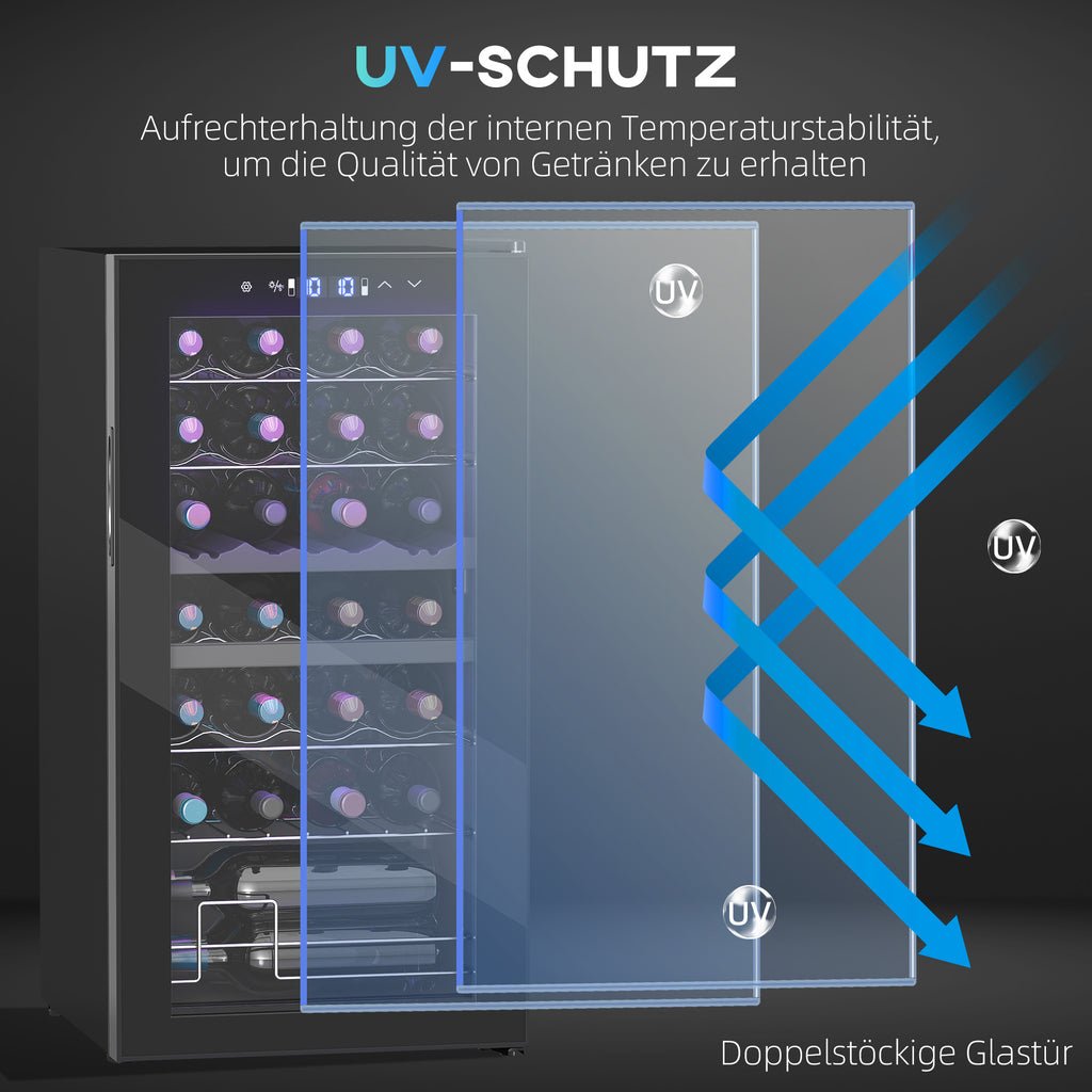HOMCOM Kleine Wijnkoelkast voor 28 Flessen, 74 Liter, Glazen Deur, LED-Verlichting, Touch-Screen