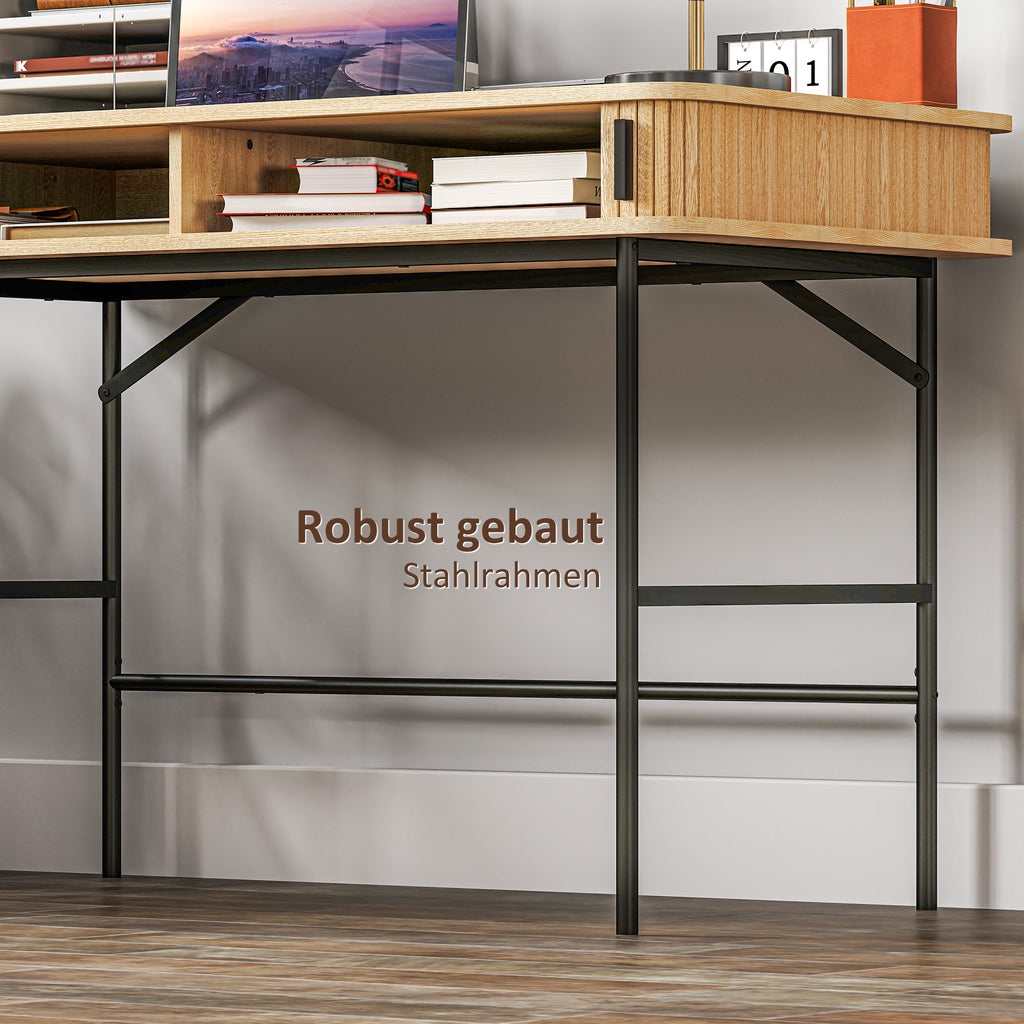 HOMCOM Bureau, Retrostijl, Lamellendecor, Opbergvakken, Stalen Poten, 120 x 60 x 76,5 cm, Eik/Zwart