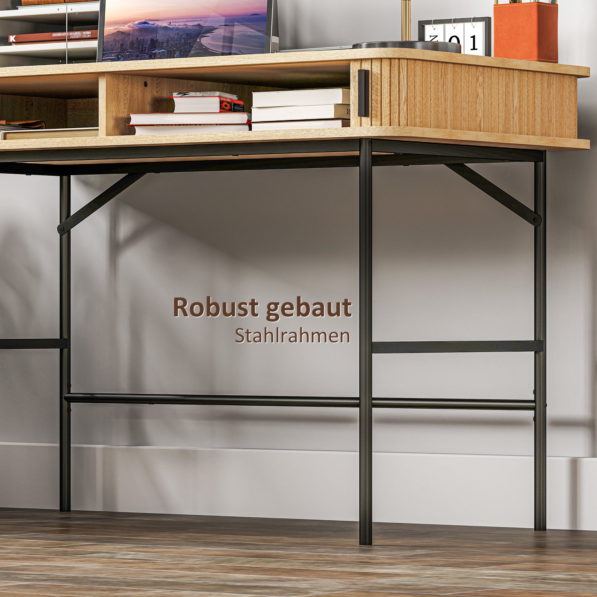 HOMCOM Bureau, Retrostijl, Lamellendecor, Opbergvakken, Stalen Poten, 120 x 60 x 76,5 cm, Eik/Zwart