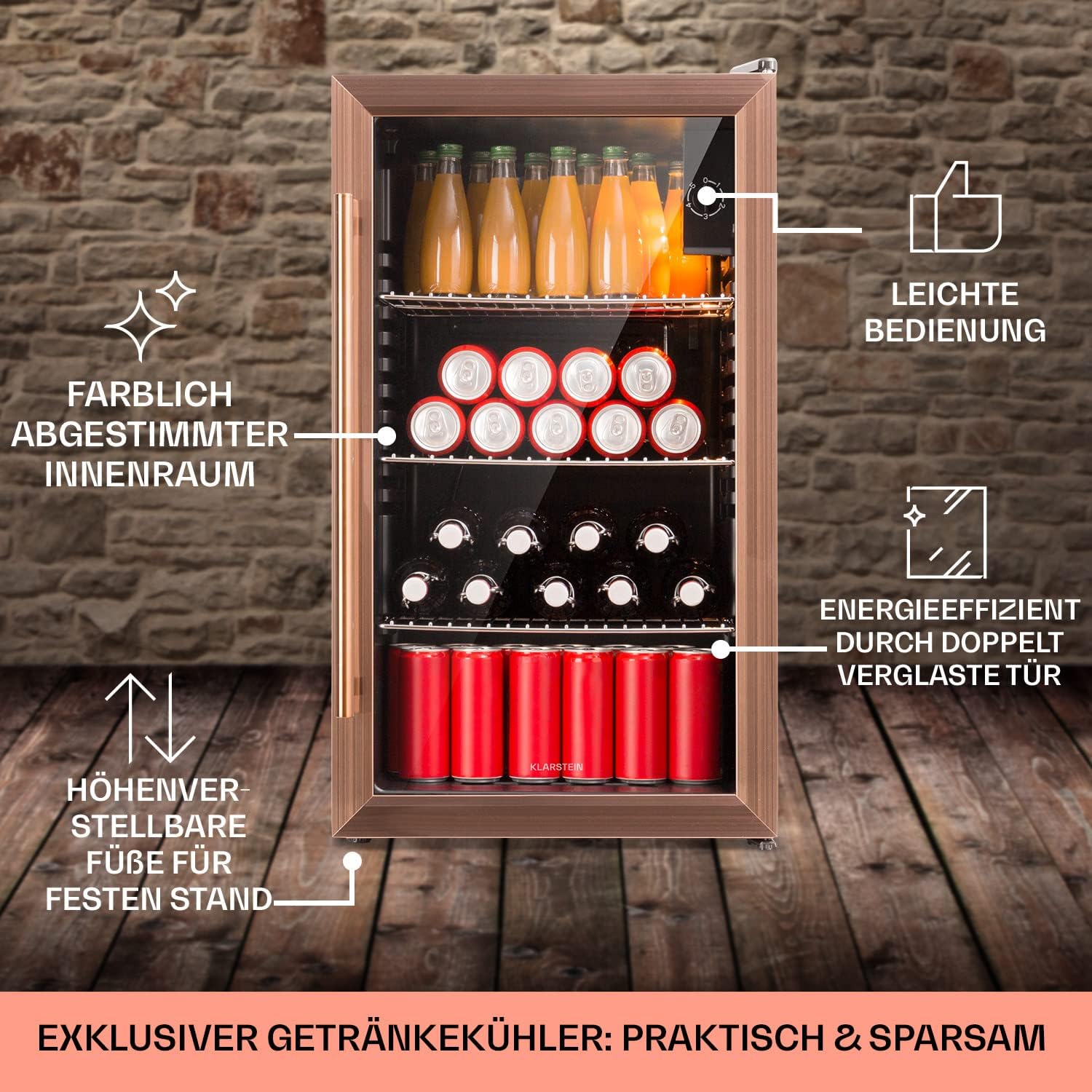 Klarstein Mini Koelkast met Glazen Deur voor Kamer, Drankenkoelkast met Verstelbare Planken, Klein 80 Liter, Indoor/Outdoor Koelkast Stil