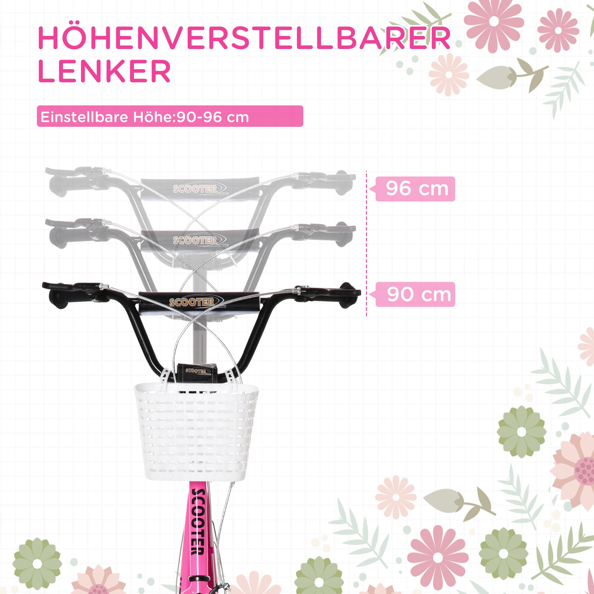 HOMCOM Kinderstep met Rem, Incl. Mand, Hoogteverstelbaar, voor Kinderen van 5 tot 12 Jaar, Wit + Roze