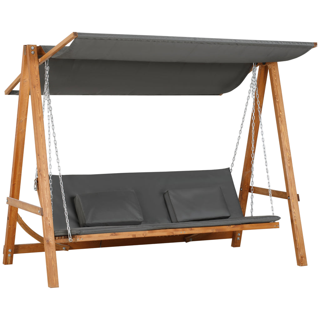 Outsunny hangmatschommel met bedfunctie 3-zits tuinschommel met dak ligbed tuinbank Lariks hout polyester grijs + teak 225.5 x 113 x 180 cm