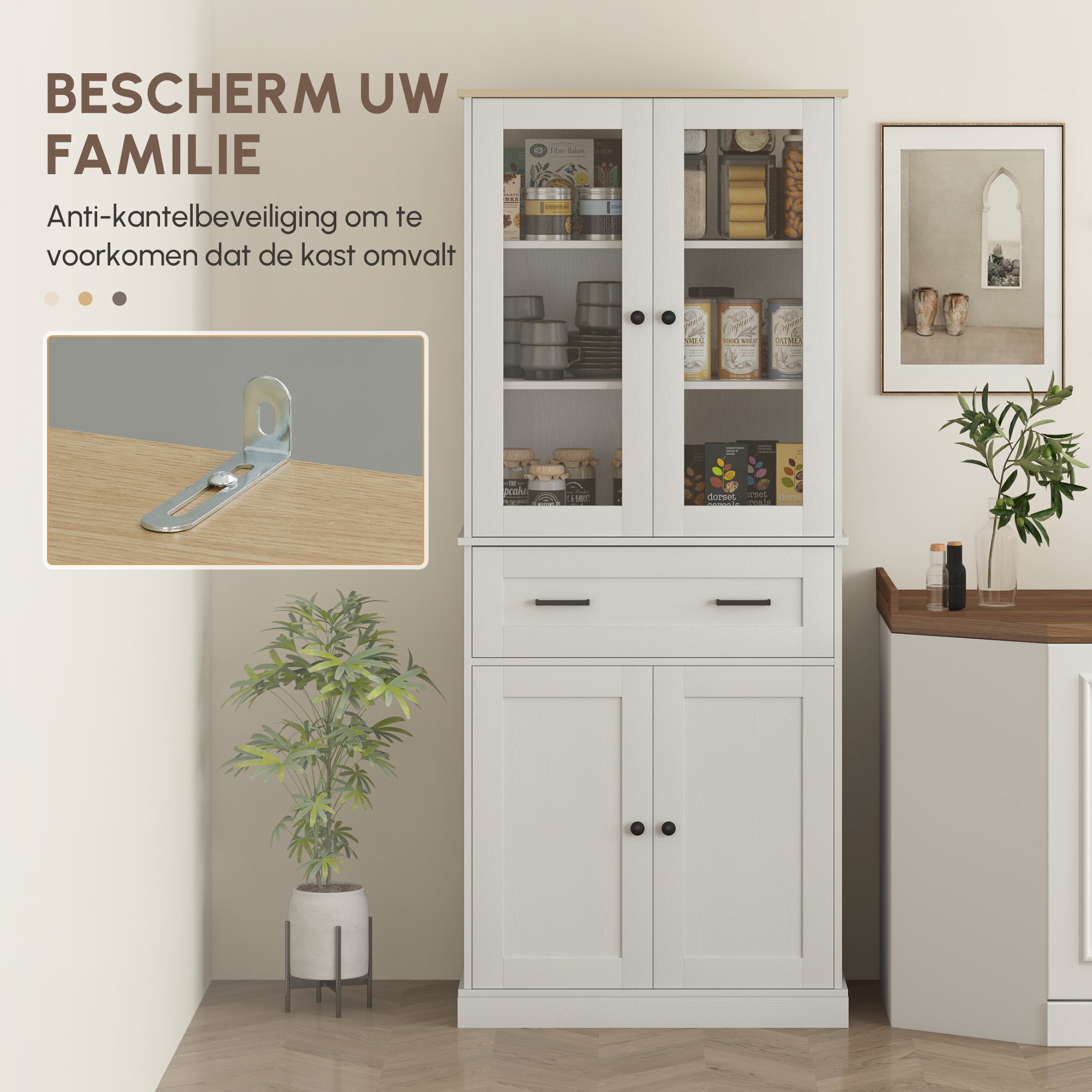 HOMCOM Keukenkast, Buffet, Acrylfront, Lades, 76 x 40 x 182,5 cm, Crèmewit