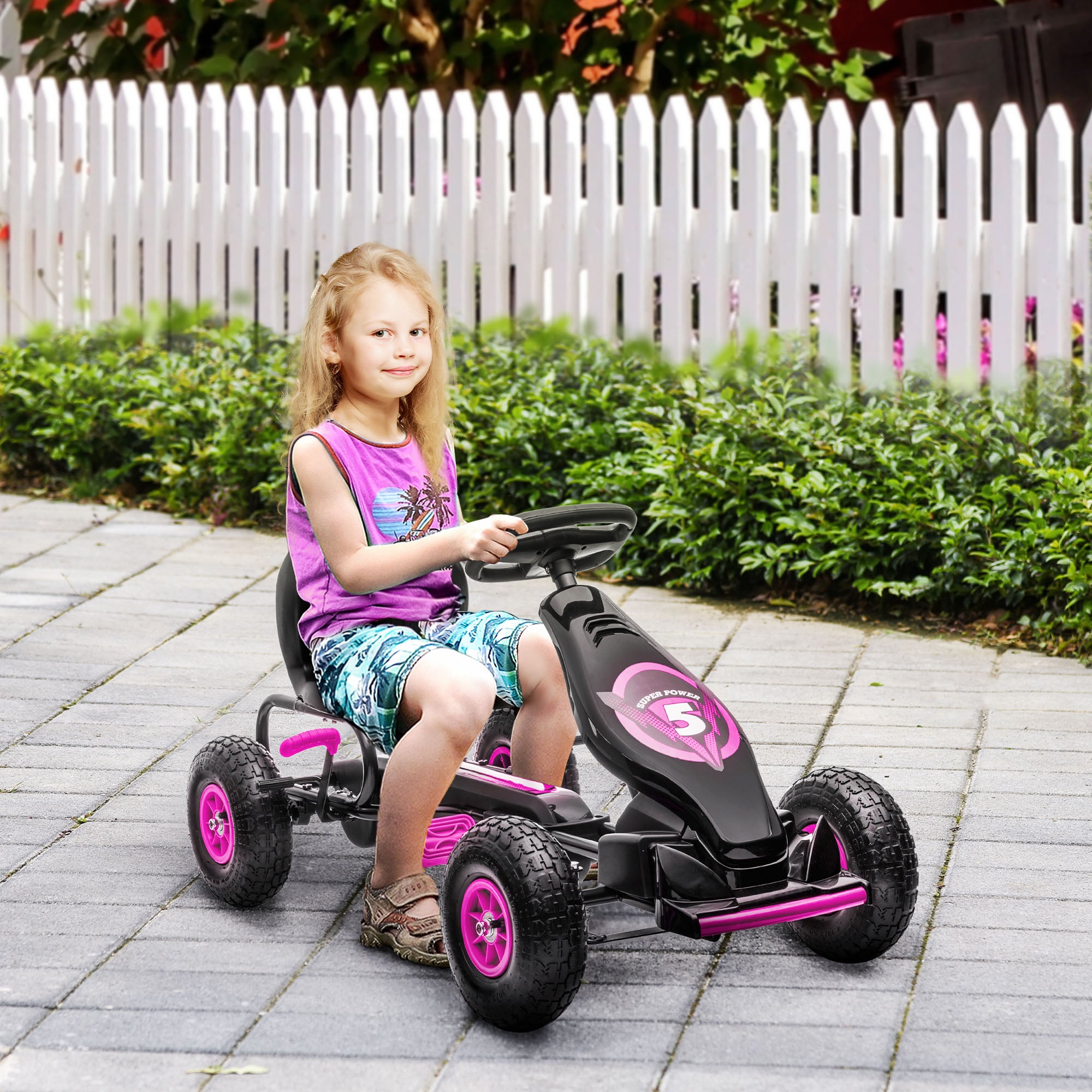 HOMCOM Kinder-Skelter, met Pedalen, Verstelbare Stoel, Geschikt voor Binnen en Buiten, vanaf 5 Jaar, Roze, 121 x 58 x 61 cm