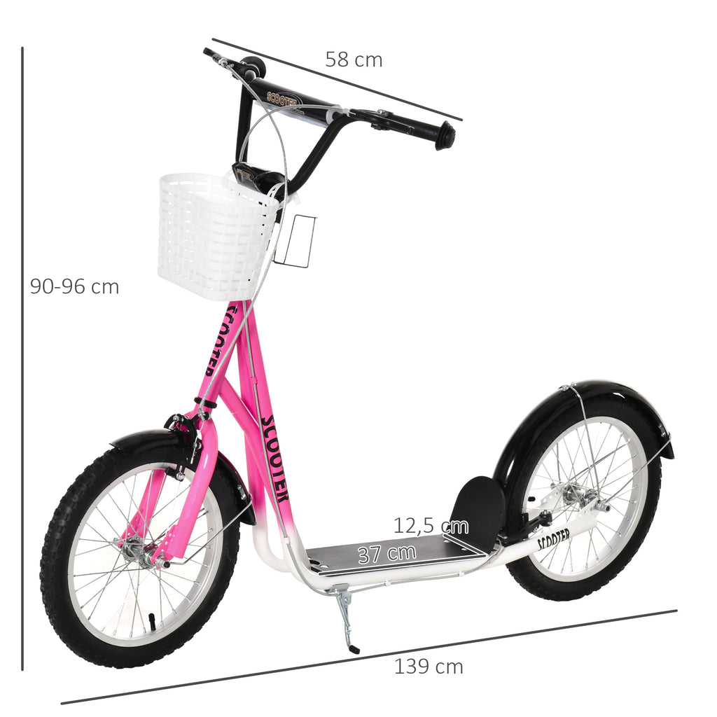 HOMCOM Kinderstep met Rem, Incl. Mand, Hoogteverstelbaar, voor Kinderen van 5 tot 12 Jaar, Wit + Roze