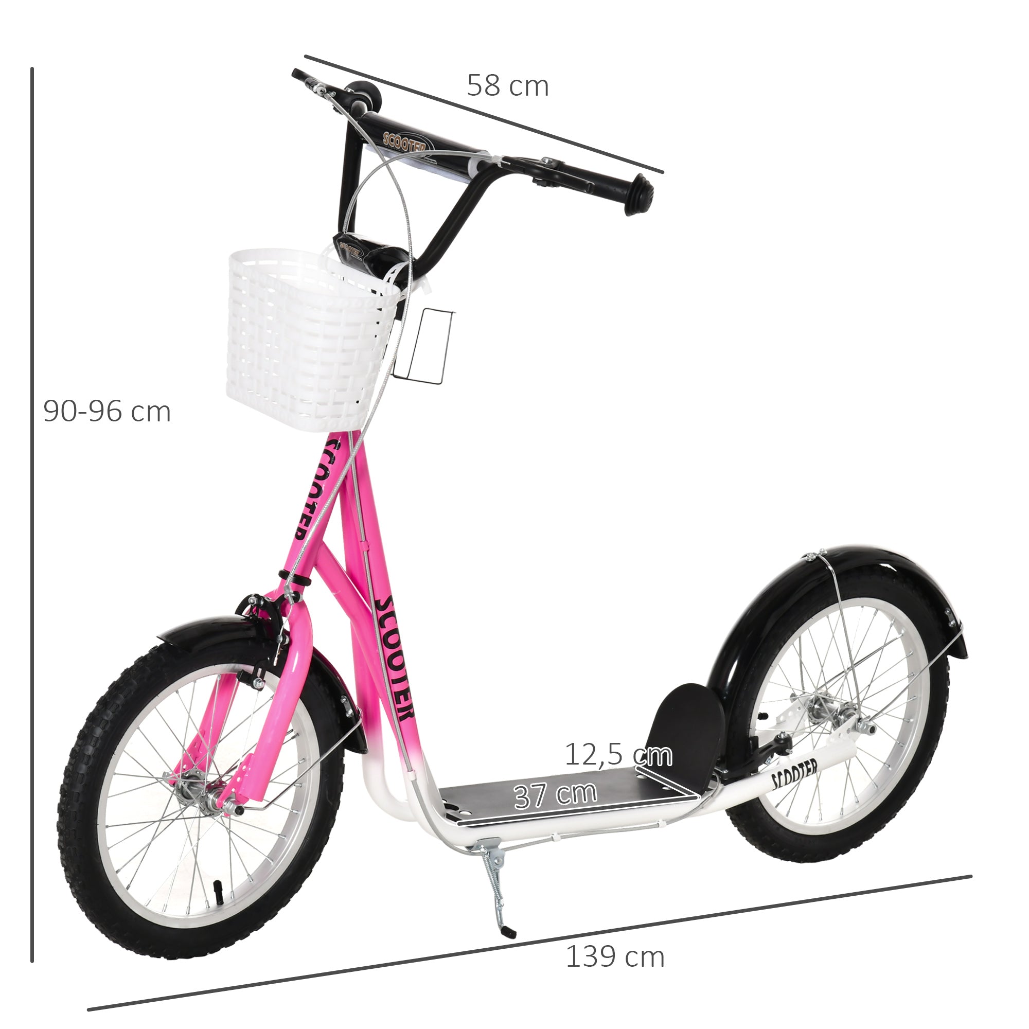 HOMCOM Kinderstep met Rem, Incl. Mand, Hoogteverstelbaar, voor Kinderen van 5 tot 12 Jaar, Wit + Roze