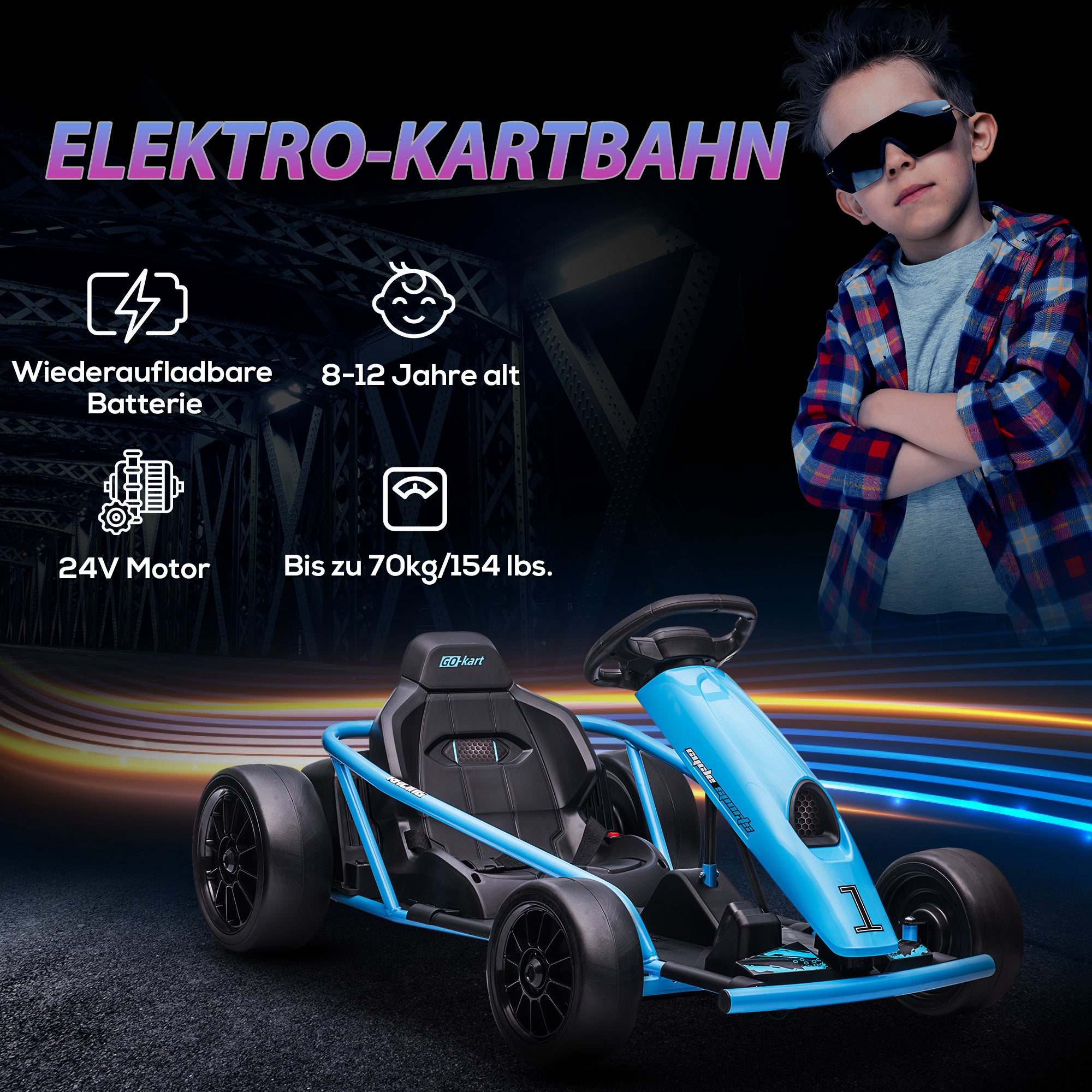 HOMCOM Elektrische Go-kart voor Kinderen, Driftfunctie, Claxon, Muziek, Veiligheidsgordel, Soft-Start, Blauw/Zwart