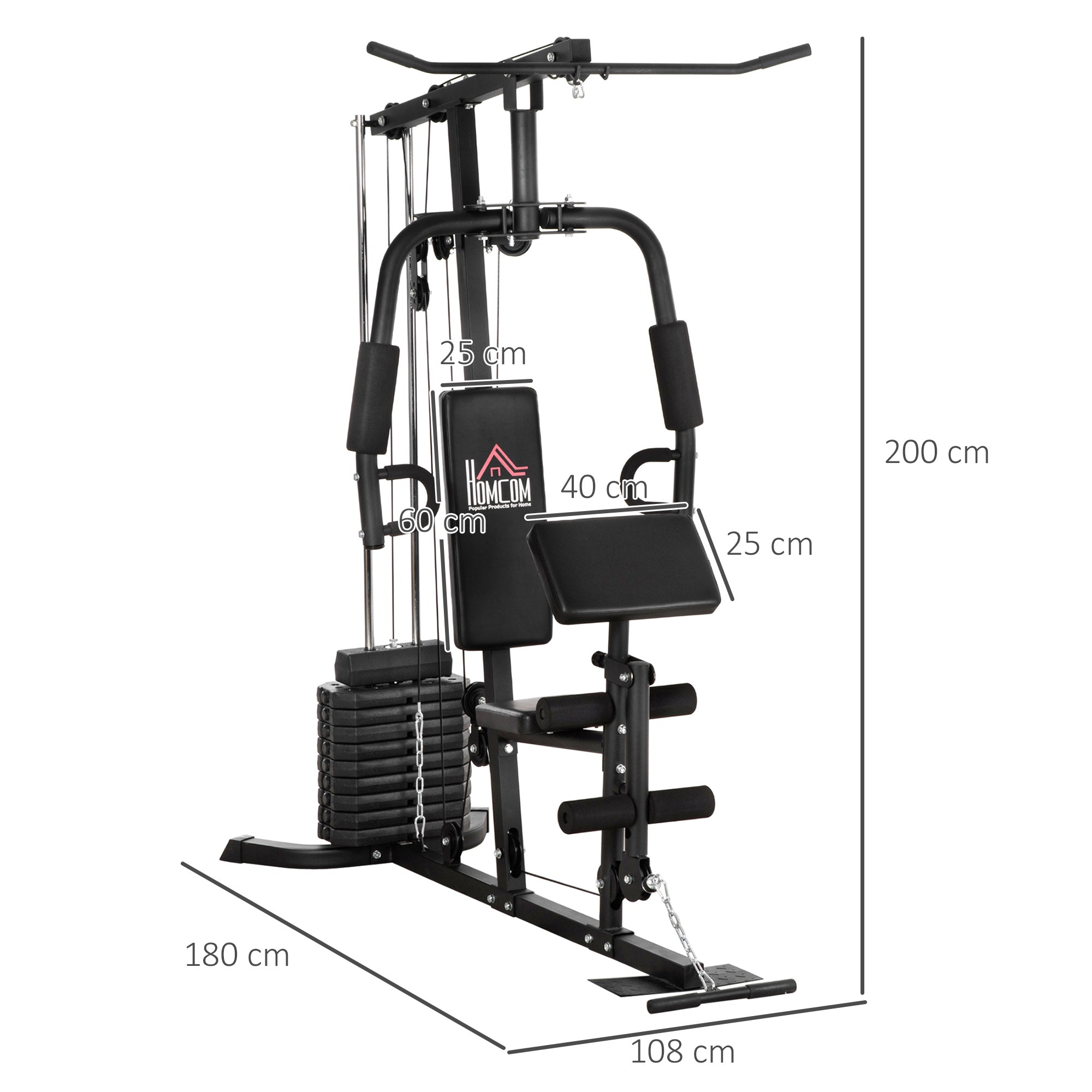 HOMCOM Krachtstation met 45 kg Gewichtsblok 180 x 108 x 200 cm Staal Zwart