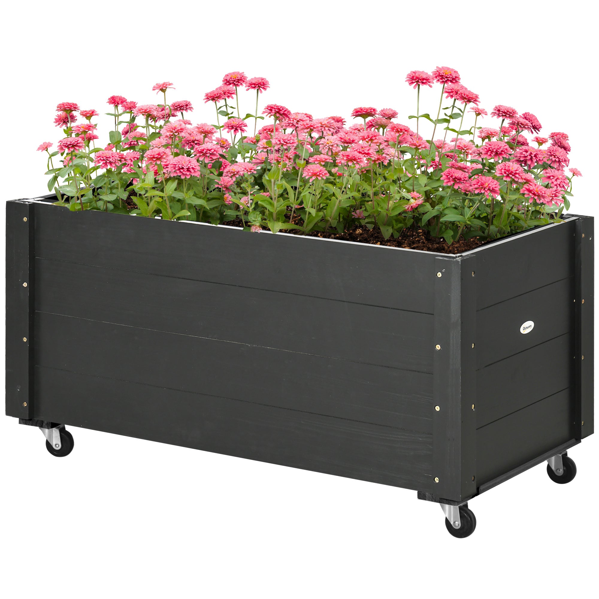 Outsunny verhoogd bed, bloembak met wielen, plantenbak voor tuin, massief hout
