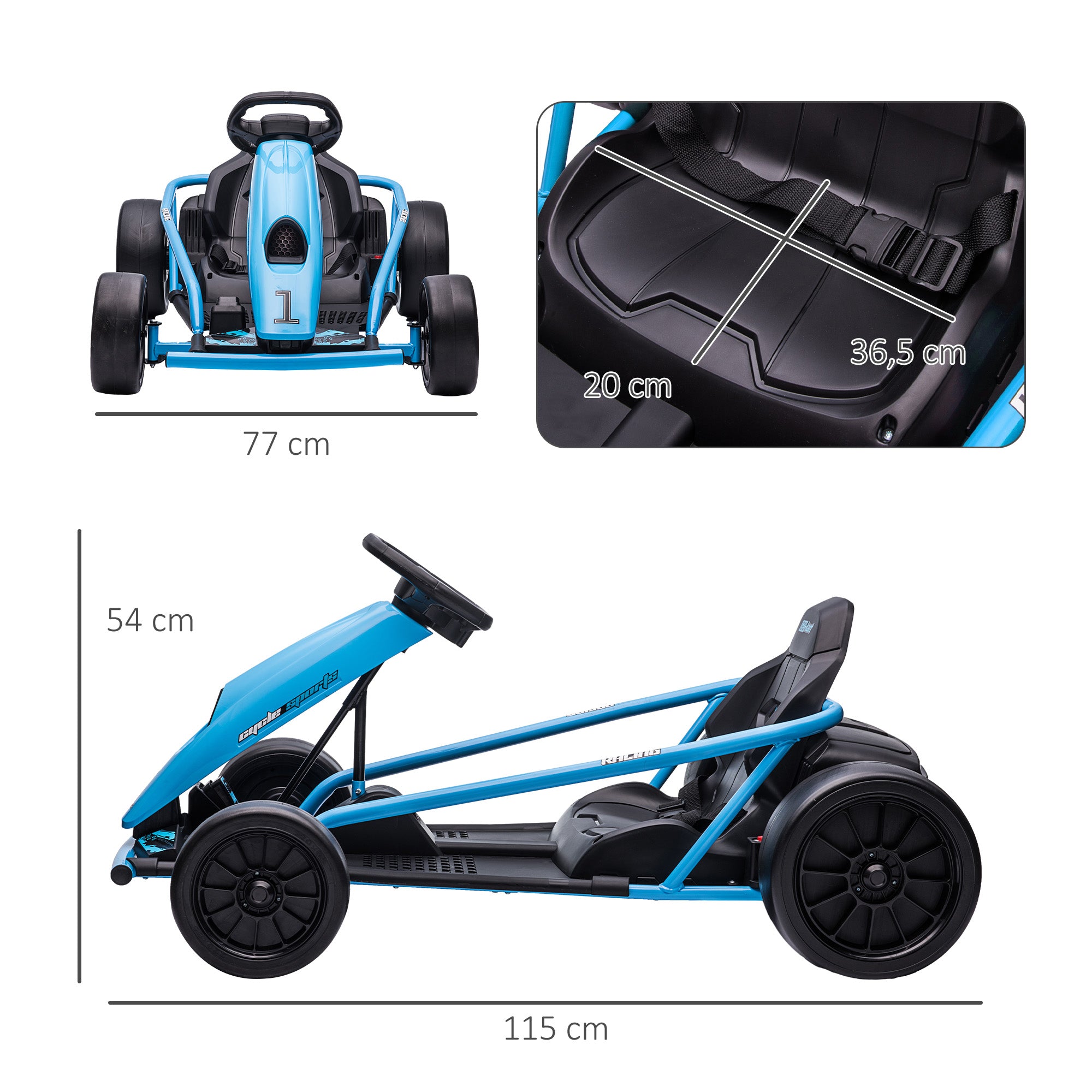 HOMCOM Elektrische Go-kart voor Kinderen, Driftfunctie, Claxon, Muziek, Veiligheidsgordel, Soft-Start, Blauw/Zwart