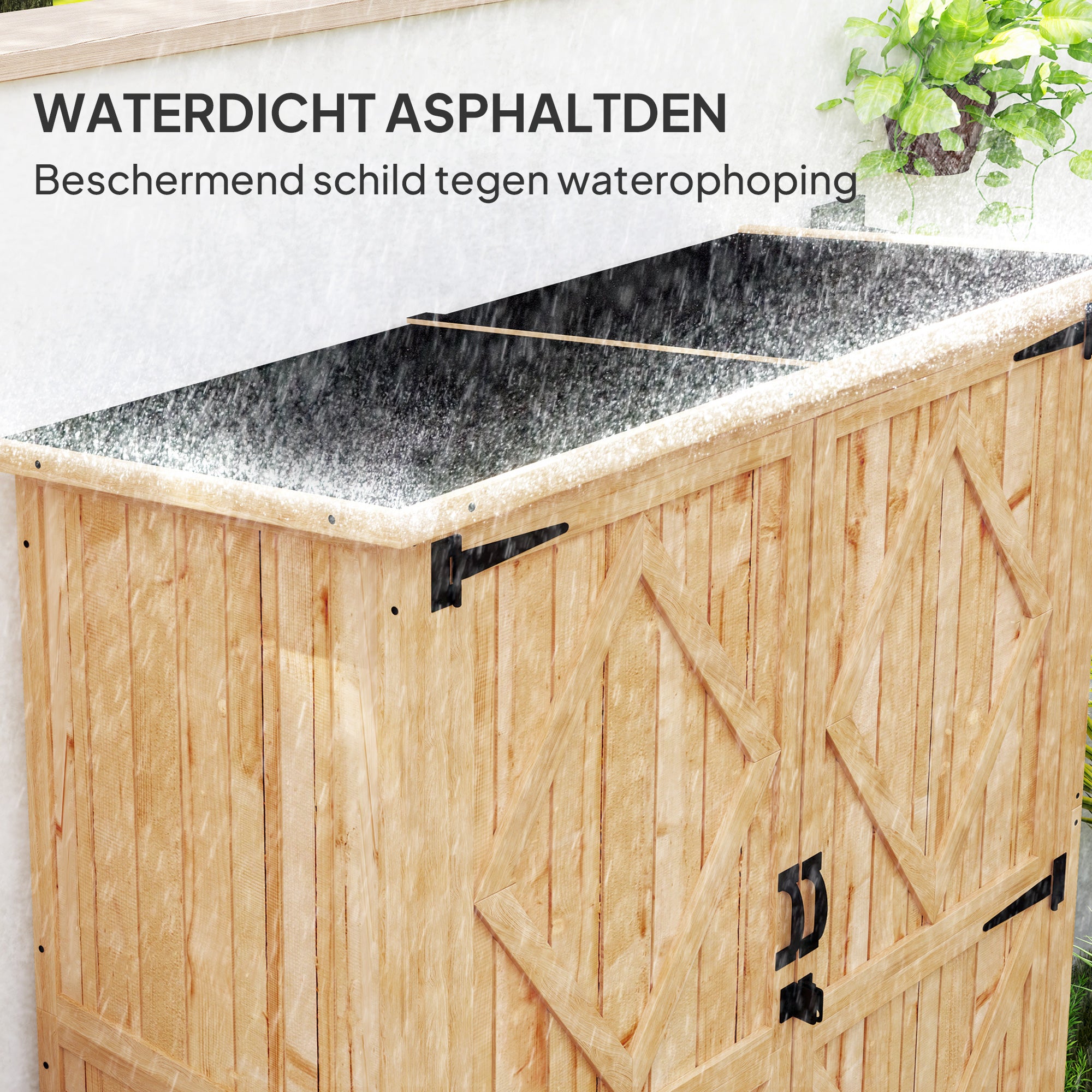 Outsunny Tuinopslagschuur, houten schuur voor gereedschap en tuinapparatuur, asfaltdak, dubbele deuren, sparrenhout, lichtbruin