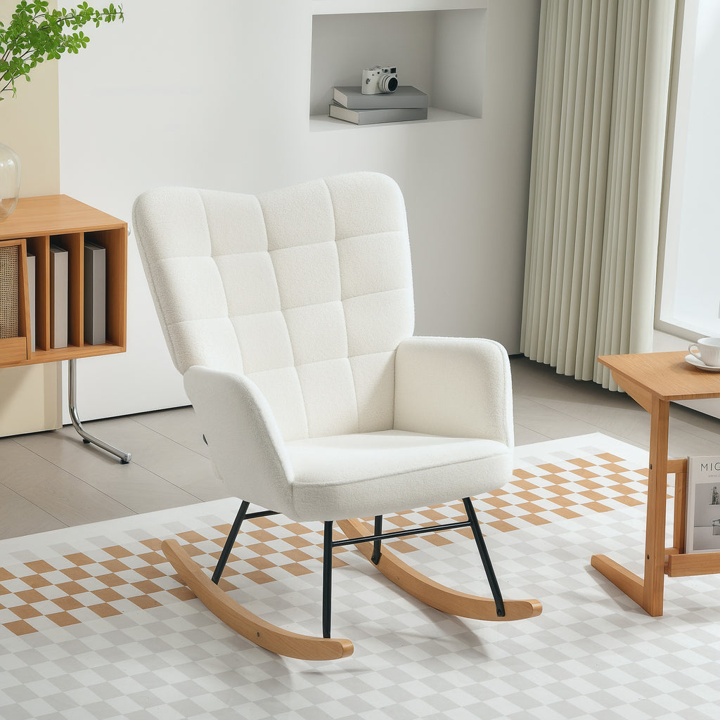 HOMCOM Schommelstoel in Berbervlies Look met Armleuningen, Ergonomische Stoel met Houten Glijders, voor Woonkamer, Slaapkamer, Wit