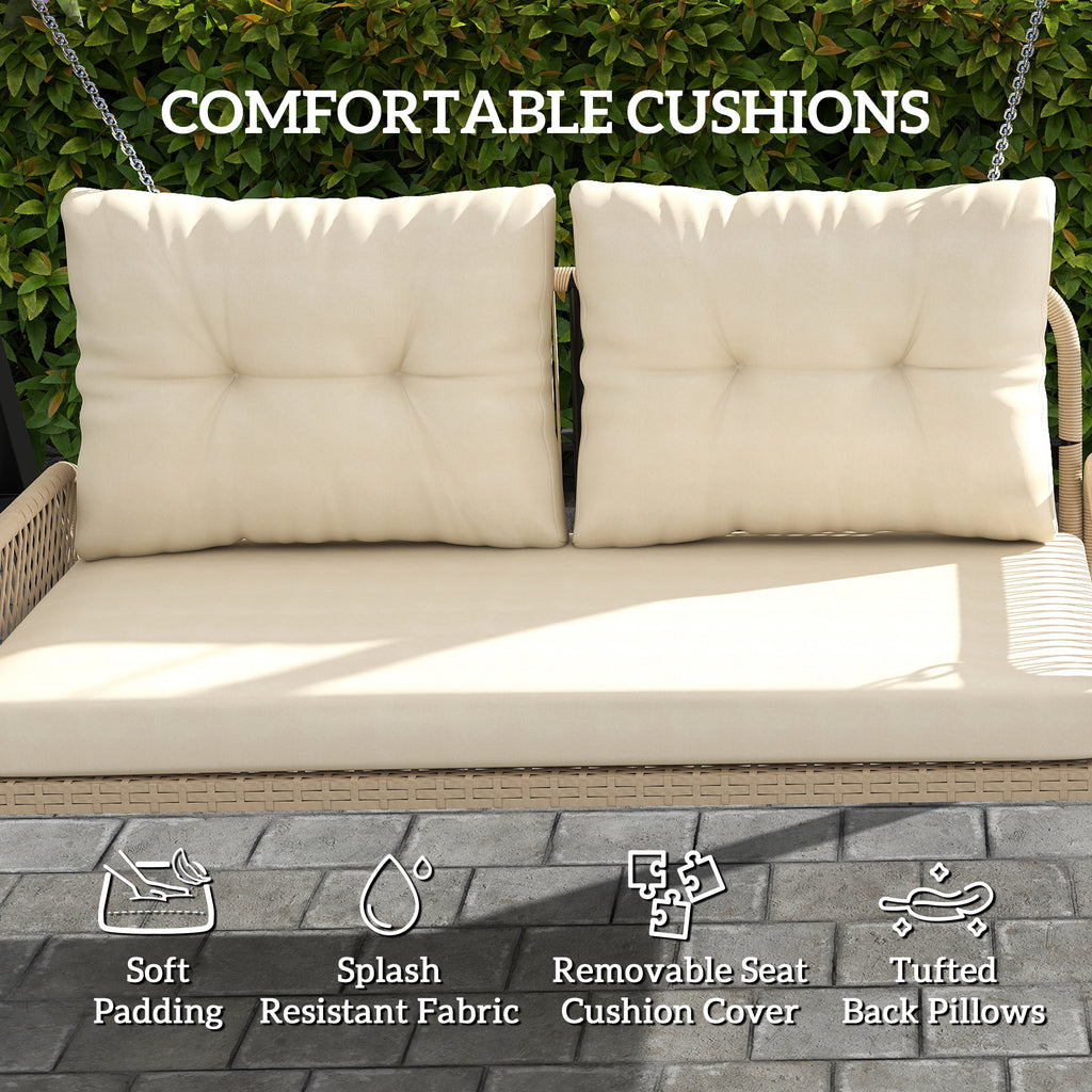 Outsunny Hollywoodschommel 2-Zits Rattan Tuinschommel met Kussens Ketens Tot 240 kg 115 x 66 x 44 cm Beige