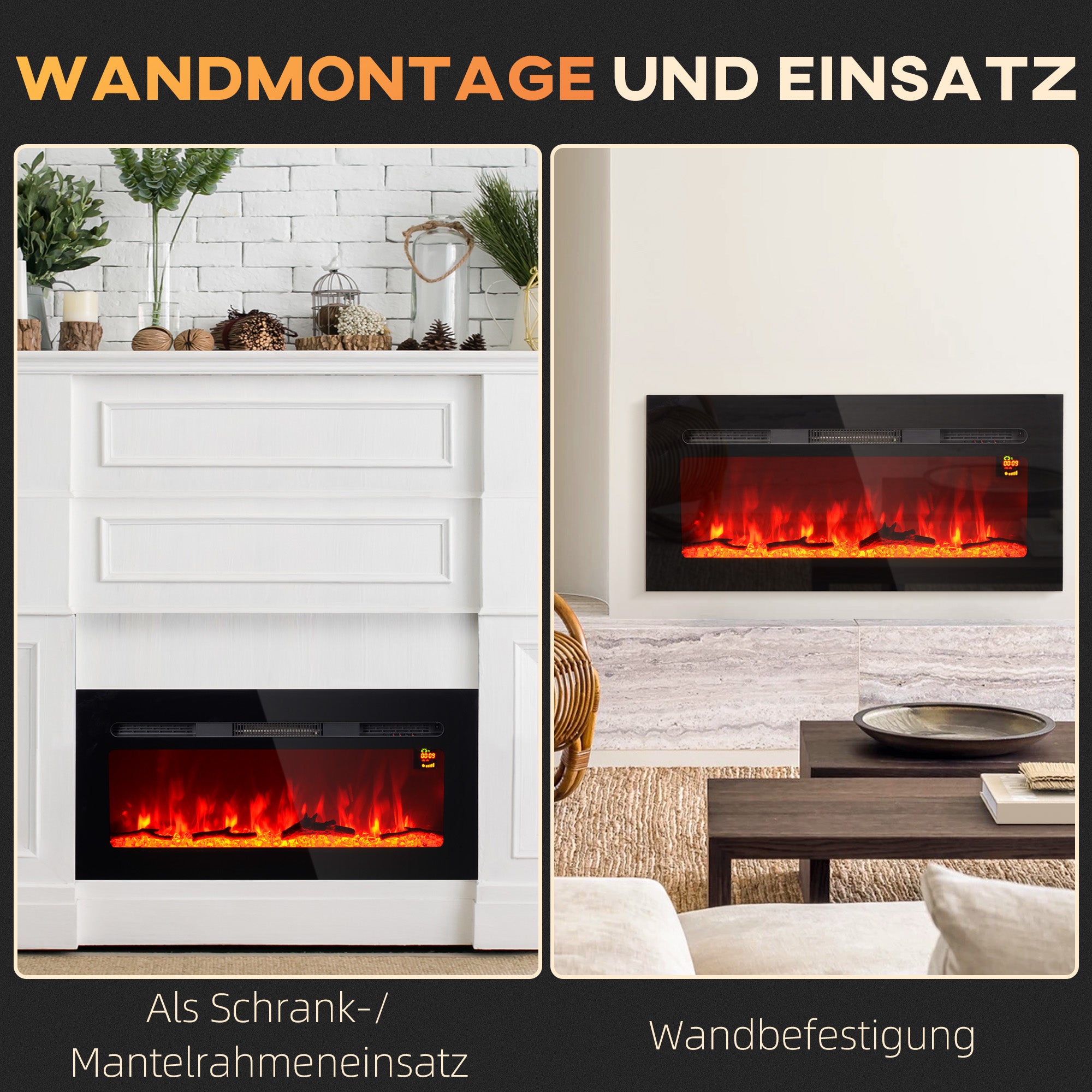 HOMCOM Elektrische Haard voor Wandmontage met Afstandsbediening, Kunstmatige Houtblokken en Kristallen, 1800W, Zwart