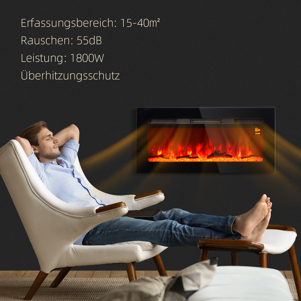 HOMCOM Elektrische Haard voor Wandmontage met Afstandsbediening, Kunstmatige Houtblokken en Kristallen, 1800W, Zwart