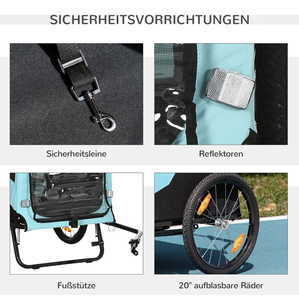 PawHut 2-in-1 hondenaanhanger, schuiffunctie, 2 ingangen, gaasraam, zonwering, stalen frame, lichtblauw, 170 x 77 x 90 cm