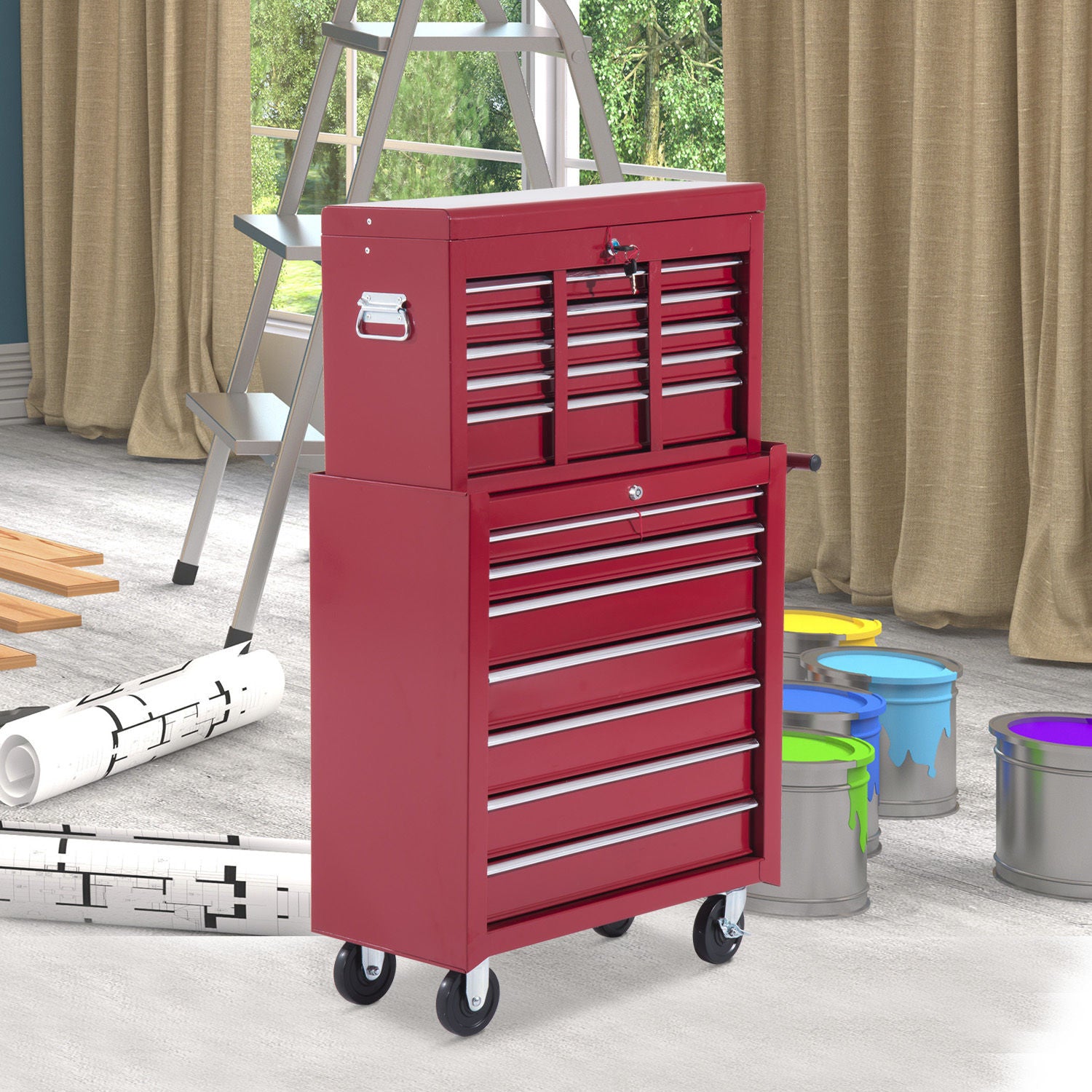 HOMCOM® mobiele werkplaatswagen, afsluitbaar met 16 schuifladen, rood / schuiflade gereedschapwagen wagen met wielen  gereedschapskist (rood)