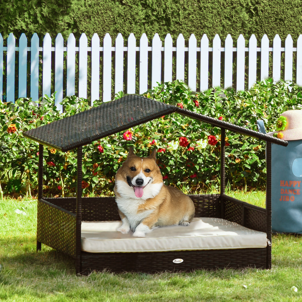 Pawhut Rotan hondenhok hondenbed met kussen in de vorm van een huis hondenhok voor buiten stalen frame PP