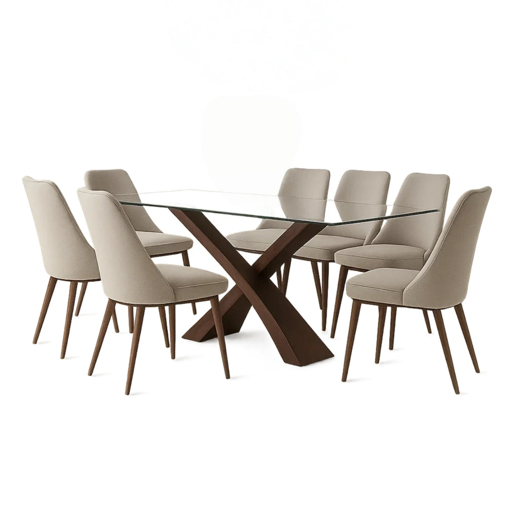 Spisest, 7 sder, tr og hrdet glas, beige, rektangulr, fast, 180x90x75 cm bord, 45x55x85 cm stol, indendrs - f6gIf2Kdo8j1
