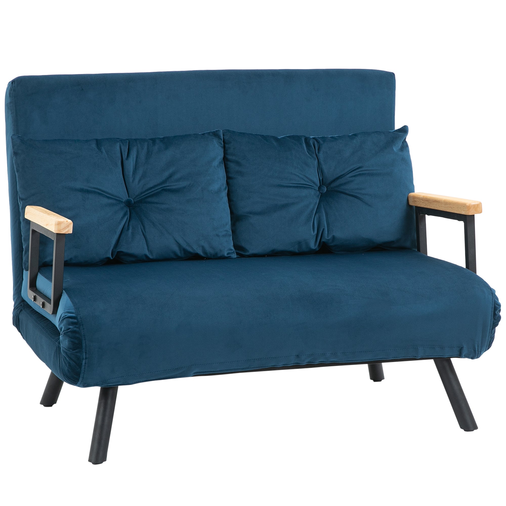 HOMCOM Slaapbank 2-zitsbank Fluweelbank, Slaapfunctie, incl. 2 Kussens, Fluweel Optiek, Natuur + Blauw