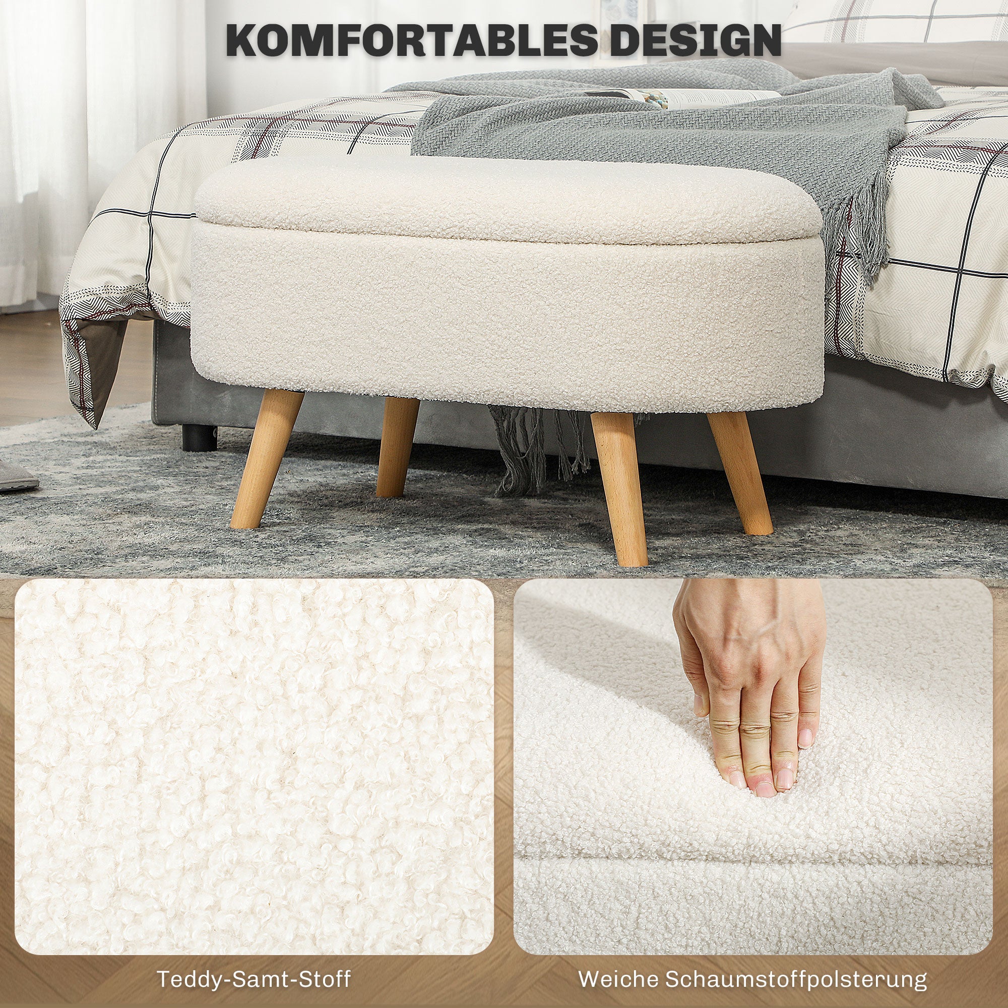HOMCOM Zitbank met Opbergruimte en Deksel, Voethocker voor Hal, Woonkamer, Slaapkamer, Hout, Stoffen Bekleding, Wit