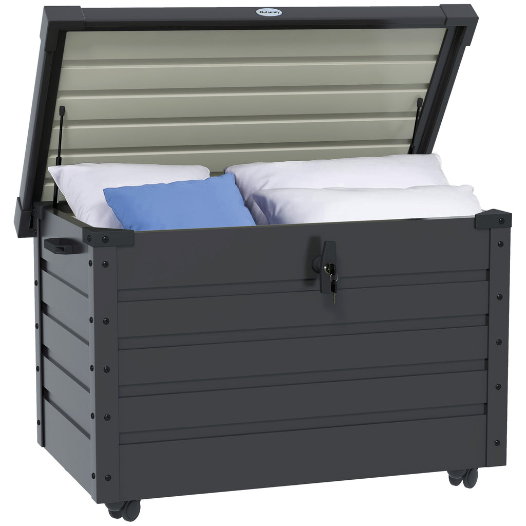 Outsunny Buiten Opbergbox Tuinkist Kussenbox, weerbestendig, 4 Wielen, 100 cm x 62 cm x 65 cm, Donkergrijs