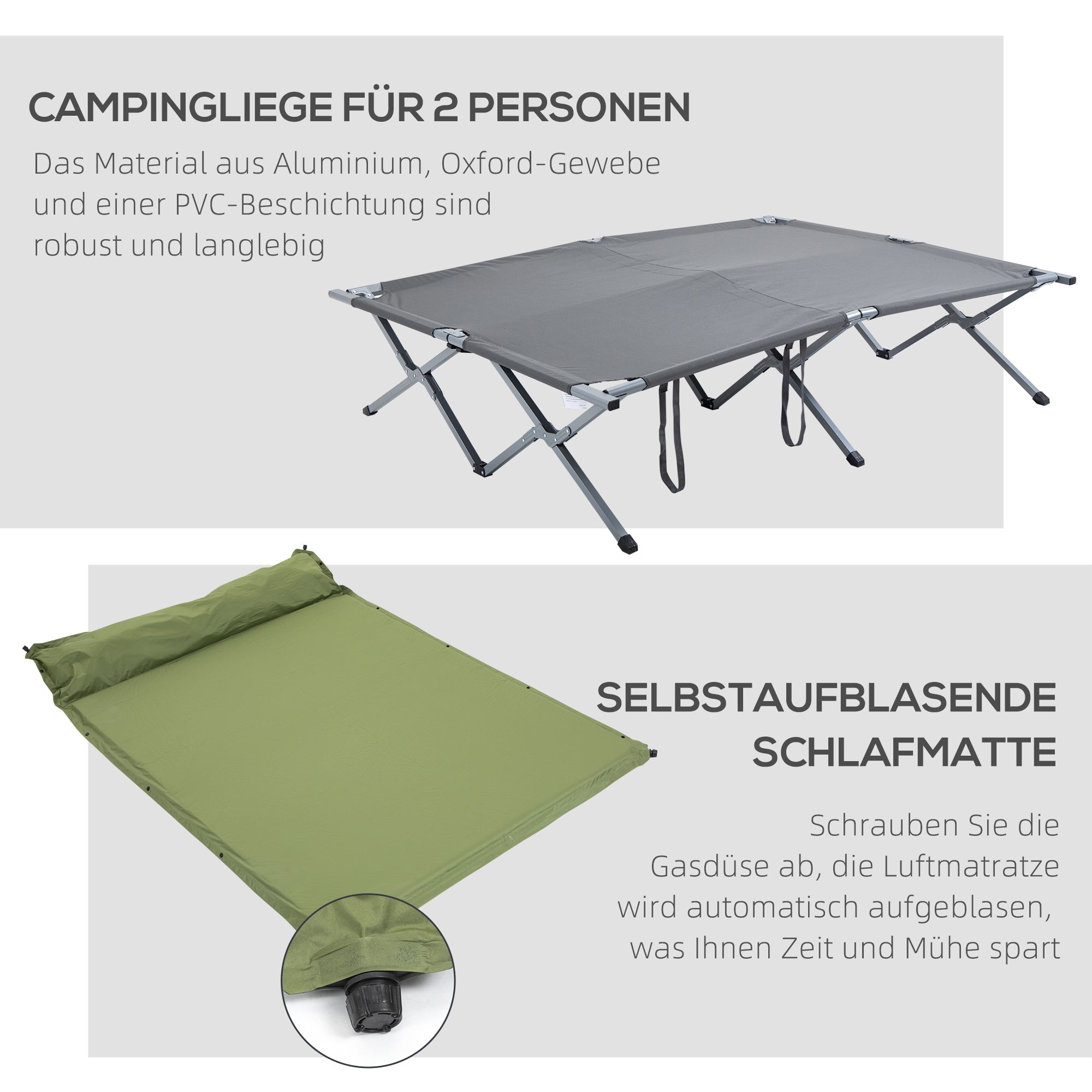 Outsunny campingbed met tent, verhoogd campingbed voor 2 persoon, koepeltent met luchtbed, inclusief draagtas, grijs 200 x 146 x 159 cm