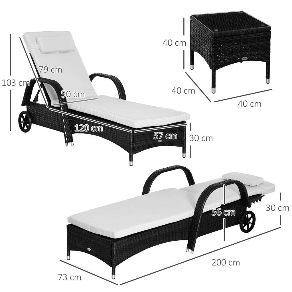 Outsunny® ligstoel tafel set van 3 tuinmeubelen ligbank voor buiten poly-rotan + metaal zwart