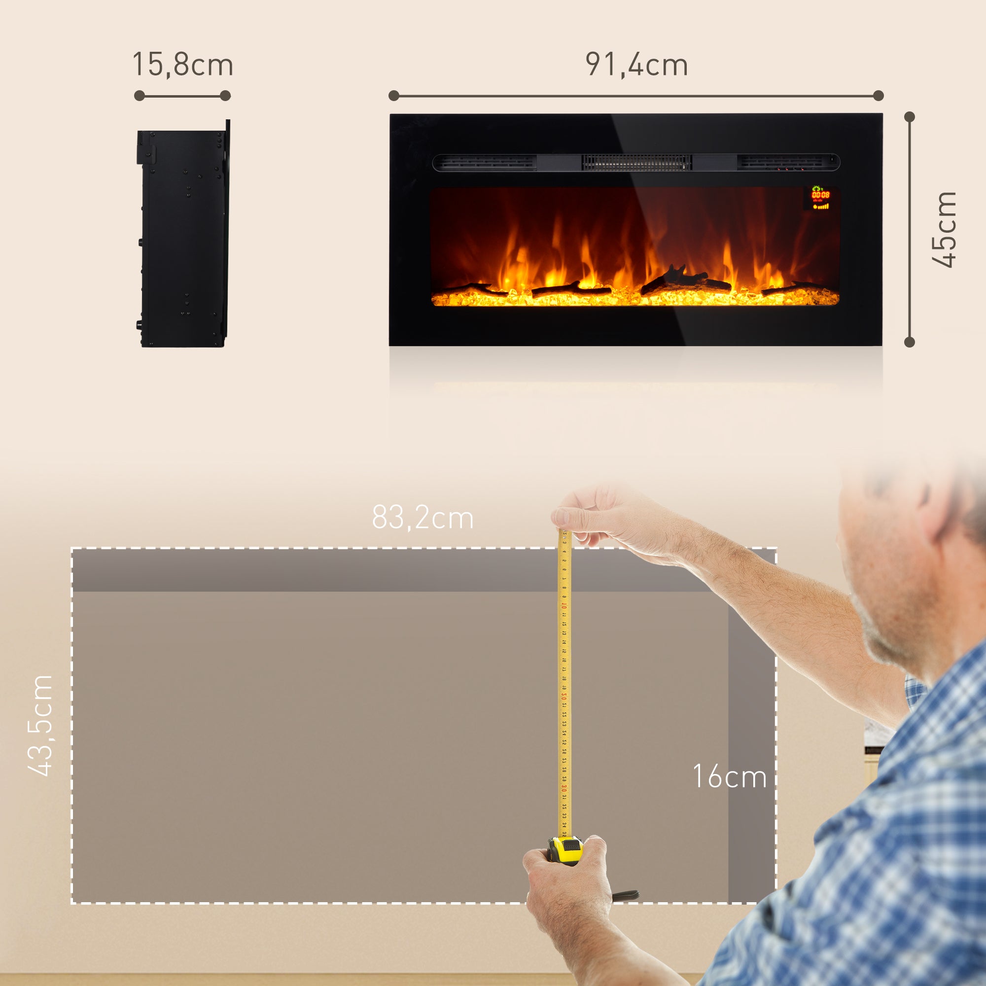 HOMCOM Elektrische Haard voor Wandmontage met Afstandsbediening, Kunstmatige Houtblokken en Kristallen, 1800W, Zwart