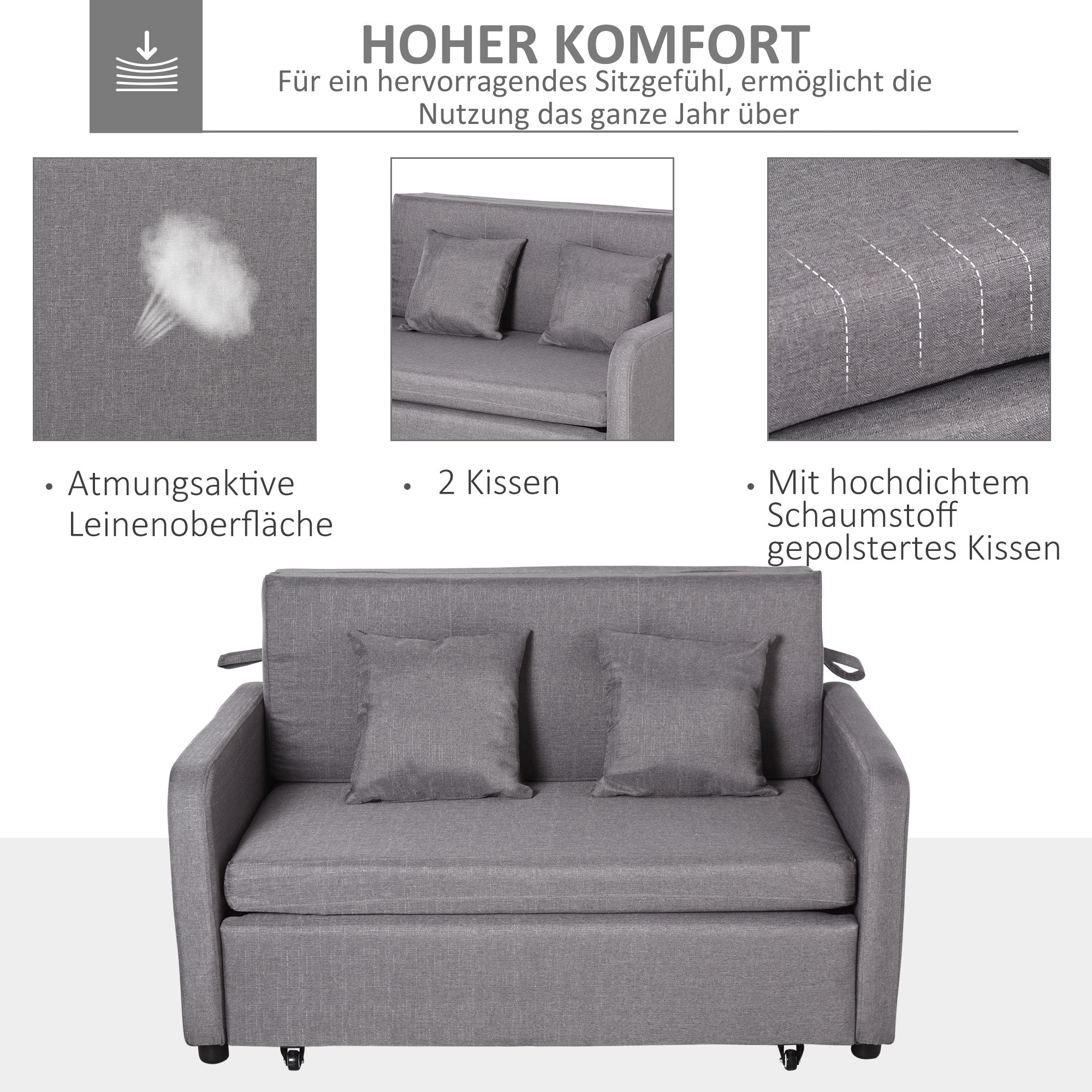 HOMCOM Slaapbank voor 2 Personen, met Opbergruimte, Eenvoudige Ombouw, Flexibel Ontwerp, Grijs