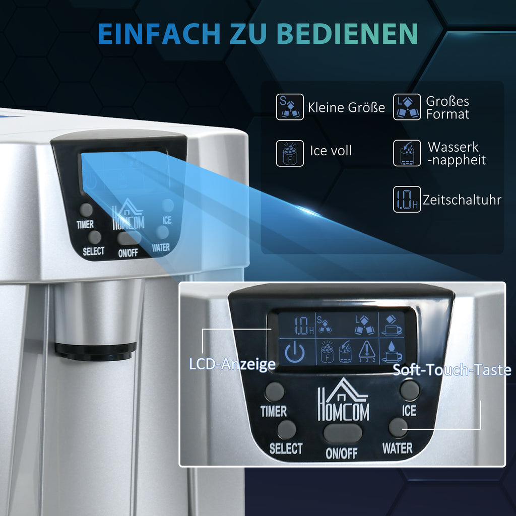 HOMCOM IJsblokjesmachine IJsblokjesmaker Ice-Maker, Timerfunctie, 25,2 cm x 38,9 cm x 36,3 cm, Zilver