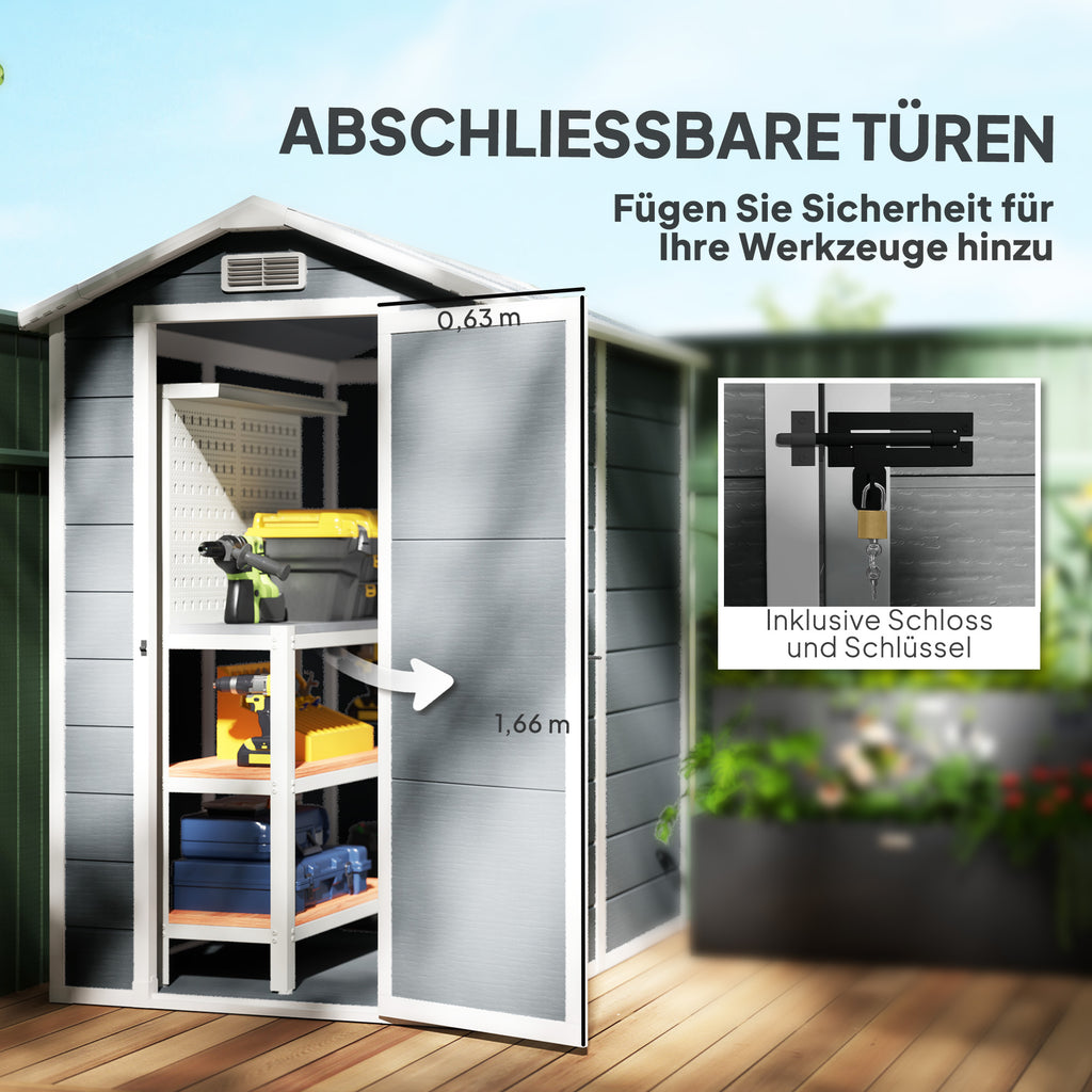 Outsunny Tuinschuur, Kunststof Tuinhuis met Vloer, Venster, Vergrendelbare Deuren, voor Tuin, 131B x 186D x 198H cm, Grijs