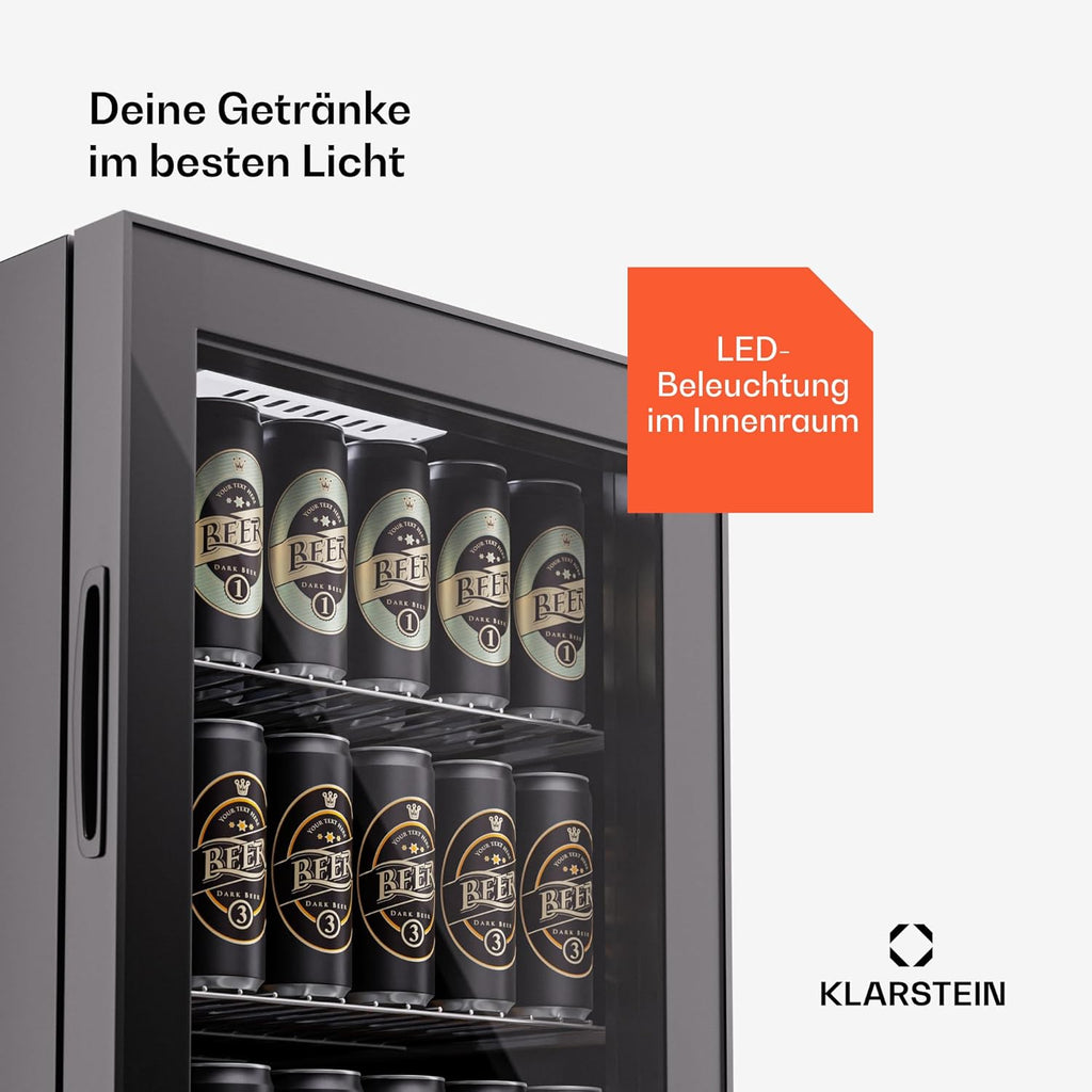 Klarstein Mini Koelkast met Glazen Deur voor Kamer, Drankenkoelkast met Verstelbare Planken, Klein 80 Liter, Indoor/Outdoor Koelkast Stil