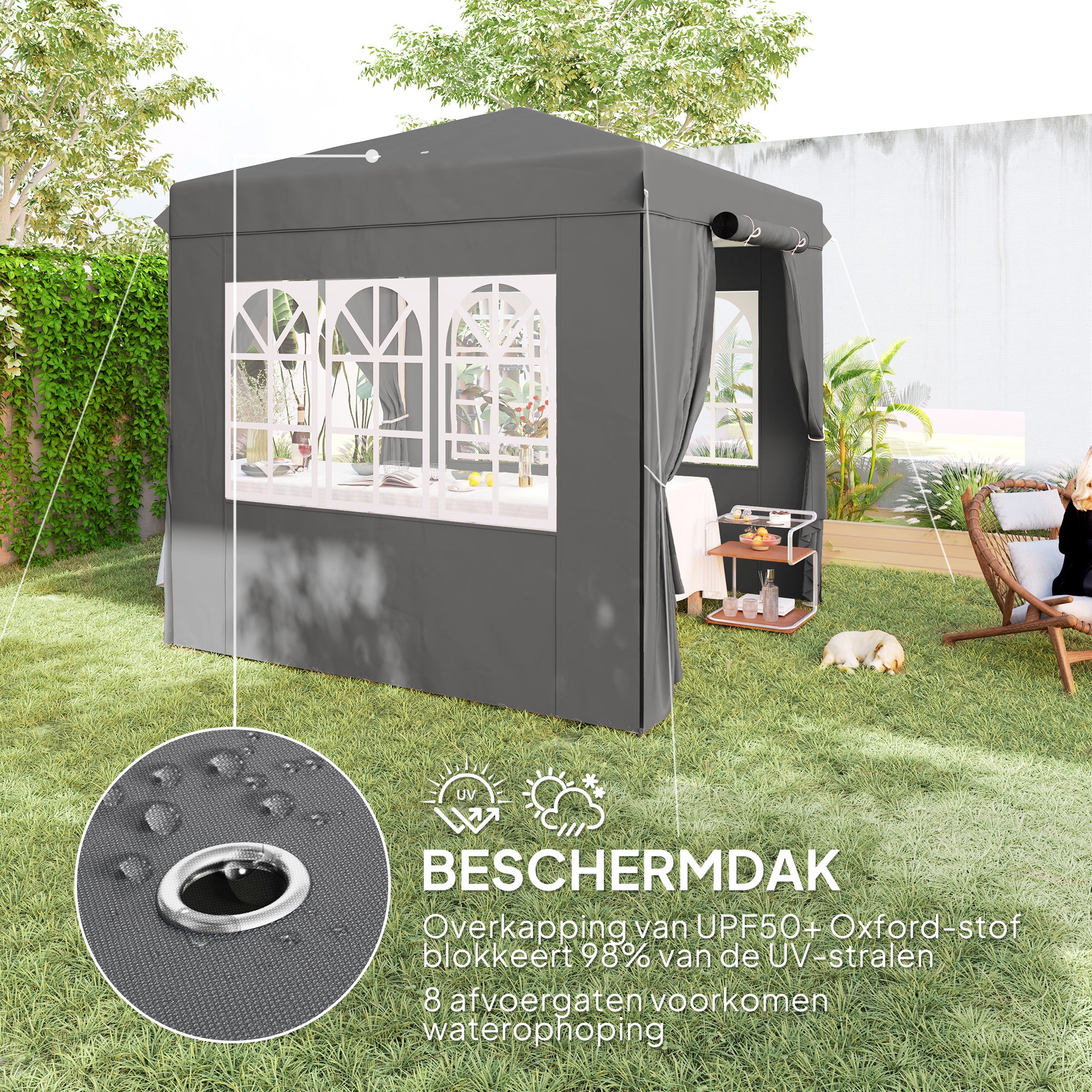 Outsunny 2,5 x 2,5 m Pop-up Paviljoen met Zijwanden en Transporttas, UPF50+ Hoogte Verstelbaar Tuinpaviljoen, Donkergrijs