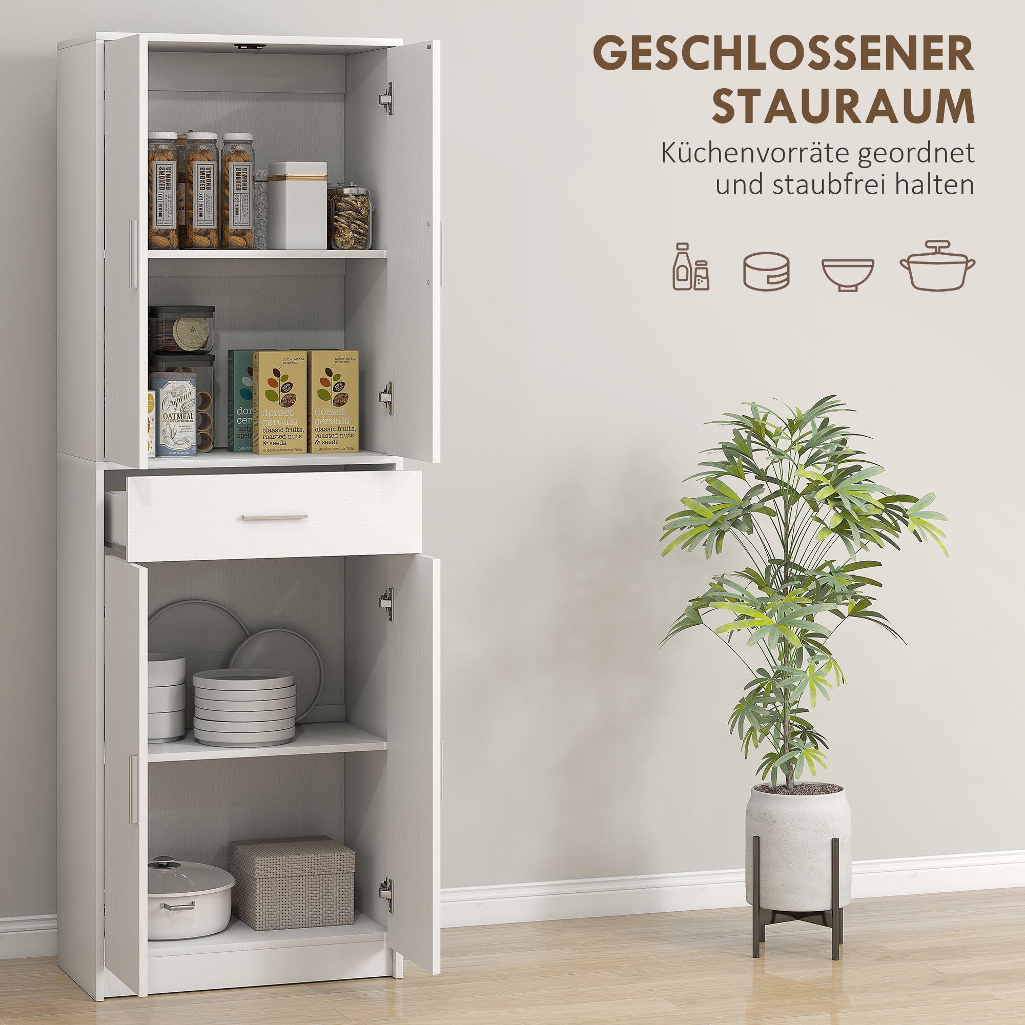 HOMCOM Keukenkast, 3-traps verstelbare planken, Spaanplaat, MDF, veel opbergruimte, Wit