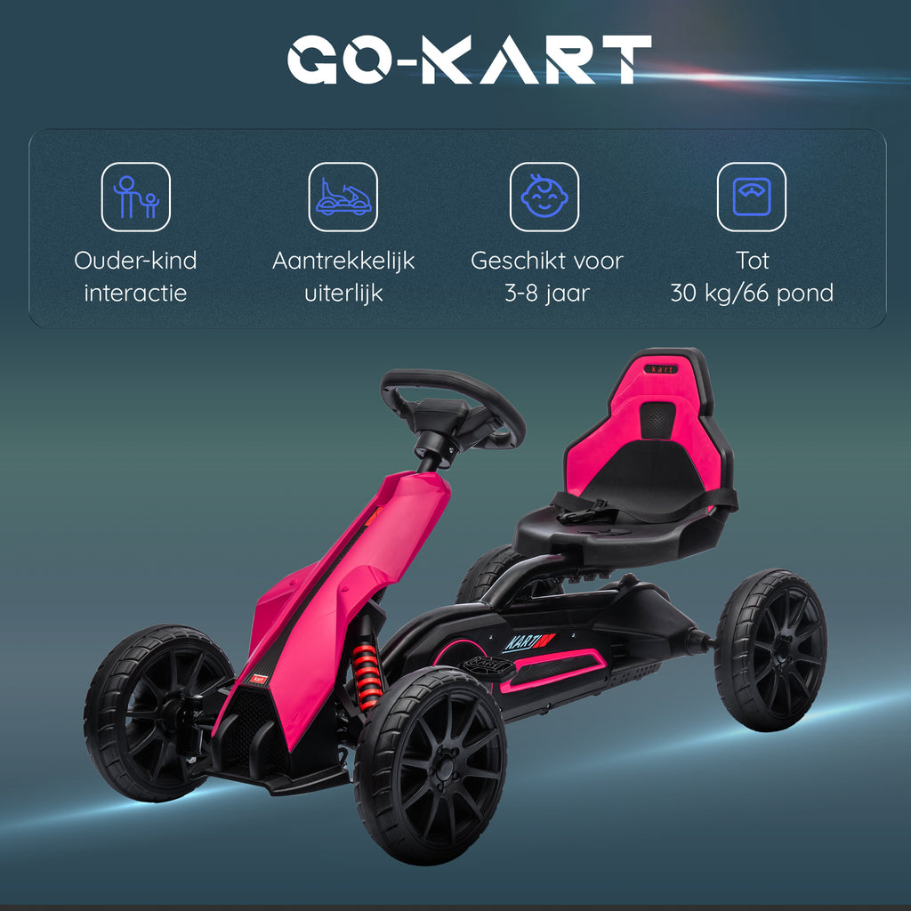 HOMCOM Go-Kart voor Kinderen met Verstelbare Stoel, Trapvoertuig, Trapauto met Handrem, 3-8 Jaar, Outdoor, Roze
