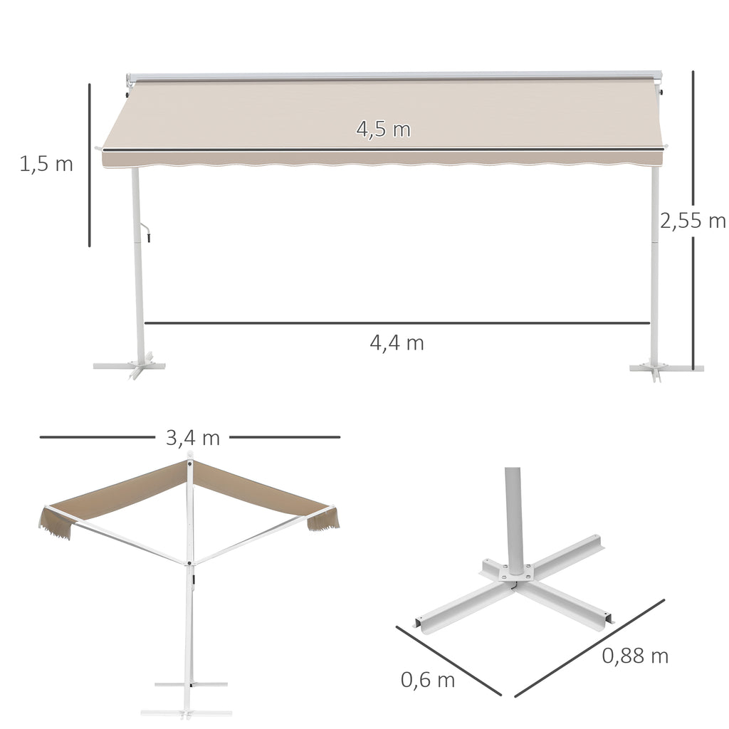 Outsunny Staande luifel met knikarm tuinluifel luifel zwengel crème 4,5 x 3,42 m