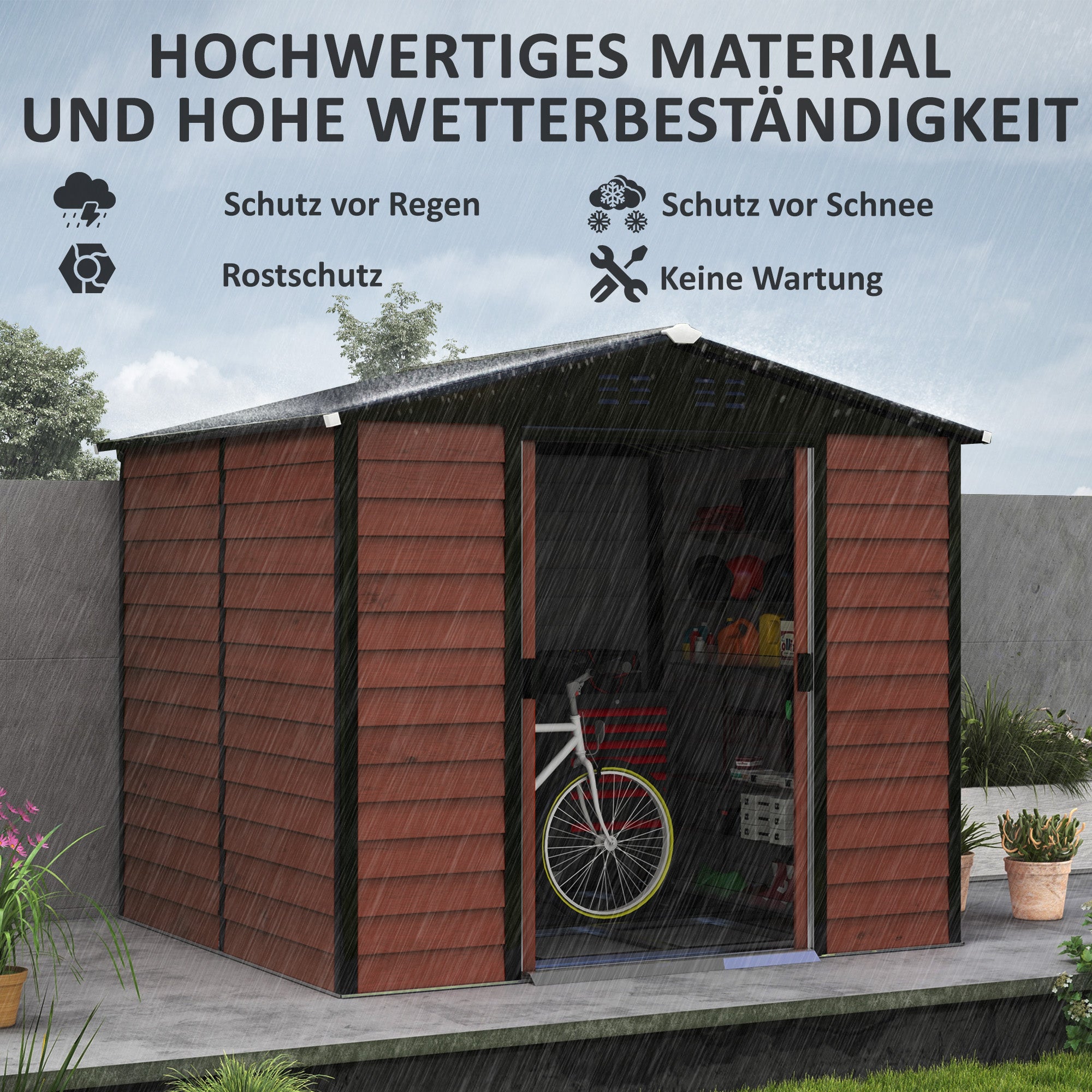 Outsunny Metalen Tuinschuur, Weerbestendig & Roestvrij, Afsluitbaar, 2,40 x 2,06 x 1,98 m, Teak