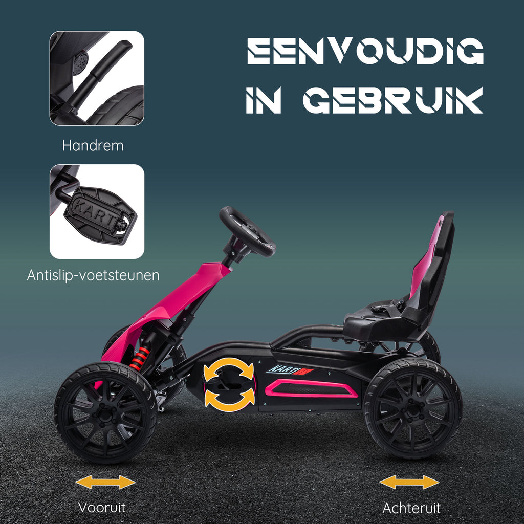 HOMCOM Go-Kart voor Kinderen met Verstelbare Stoel, Trapvoertuig, Trapauto met Handrem, 3-8 Jaar, Outdoor, Roze