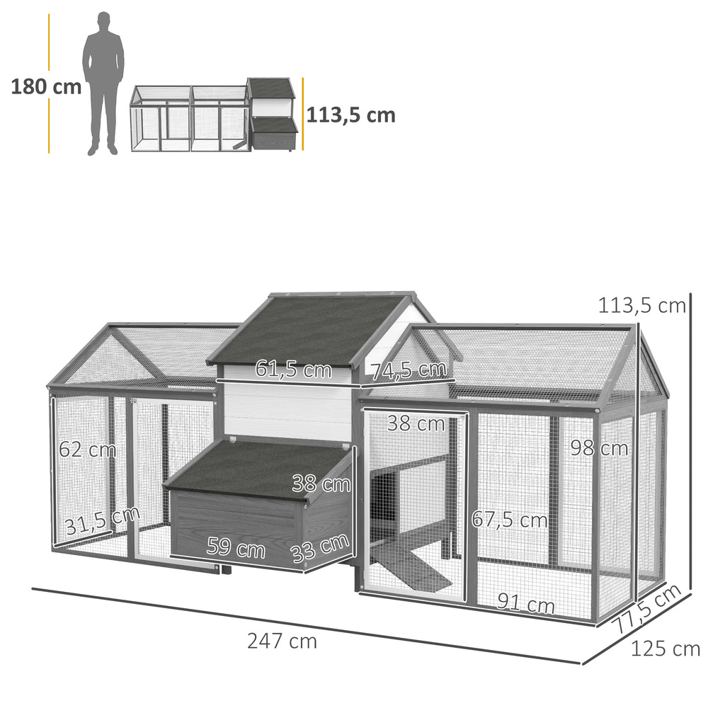 PawHut Kippenhok Konijnenhok 2 Buitenkooien, 1 Nestkast, 2 Ramps, Asfaltdak, Weerbestendig, Grijs